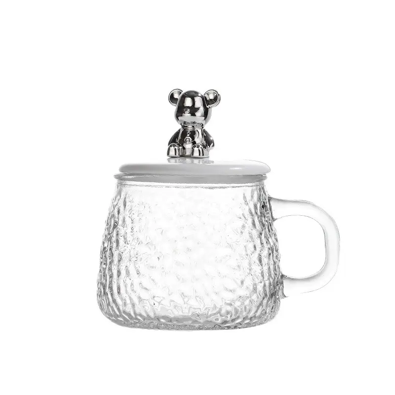 Kawaii Silver Bear Decor Glass Coffee Mug with Lid & Spoon, Trendy Home Desk Drinkware, Stylish Hammered Glacier Glass, Ideal Gift for Girls