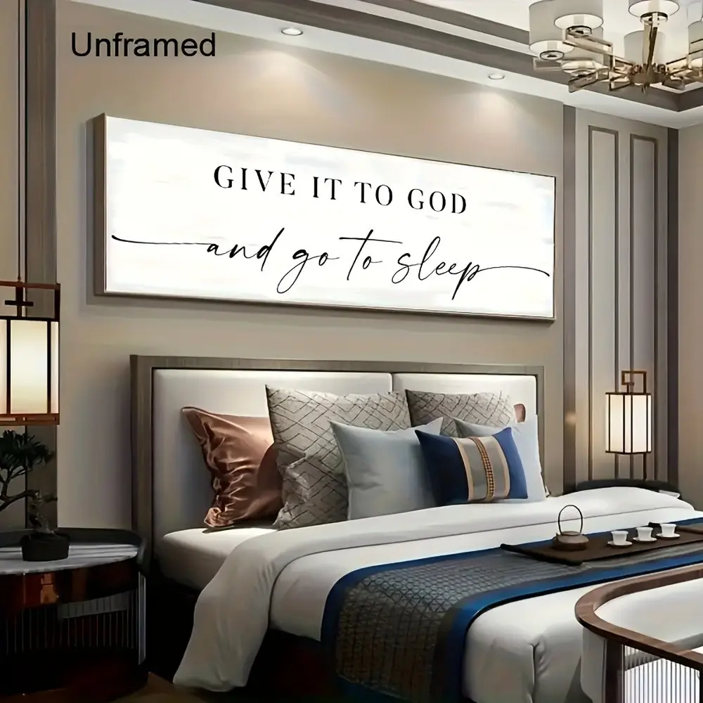 1pc Framed Canvas Wall Art - Give It to God and Go to Sleep Verse Prayer Painting with Wood Frame, White & Black Inspirational Scripture Decor for Bedroom, Living Room, Housewarming & Christmas Gifts, 2D Flat, Perfect