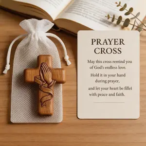 Wooden Prayer Hand 2D Cross with Inspirational Card, Faithful Silent Embrace, Desktop Decor for Prayers, Baptisms, Confirmations