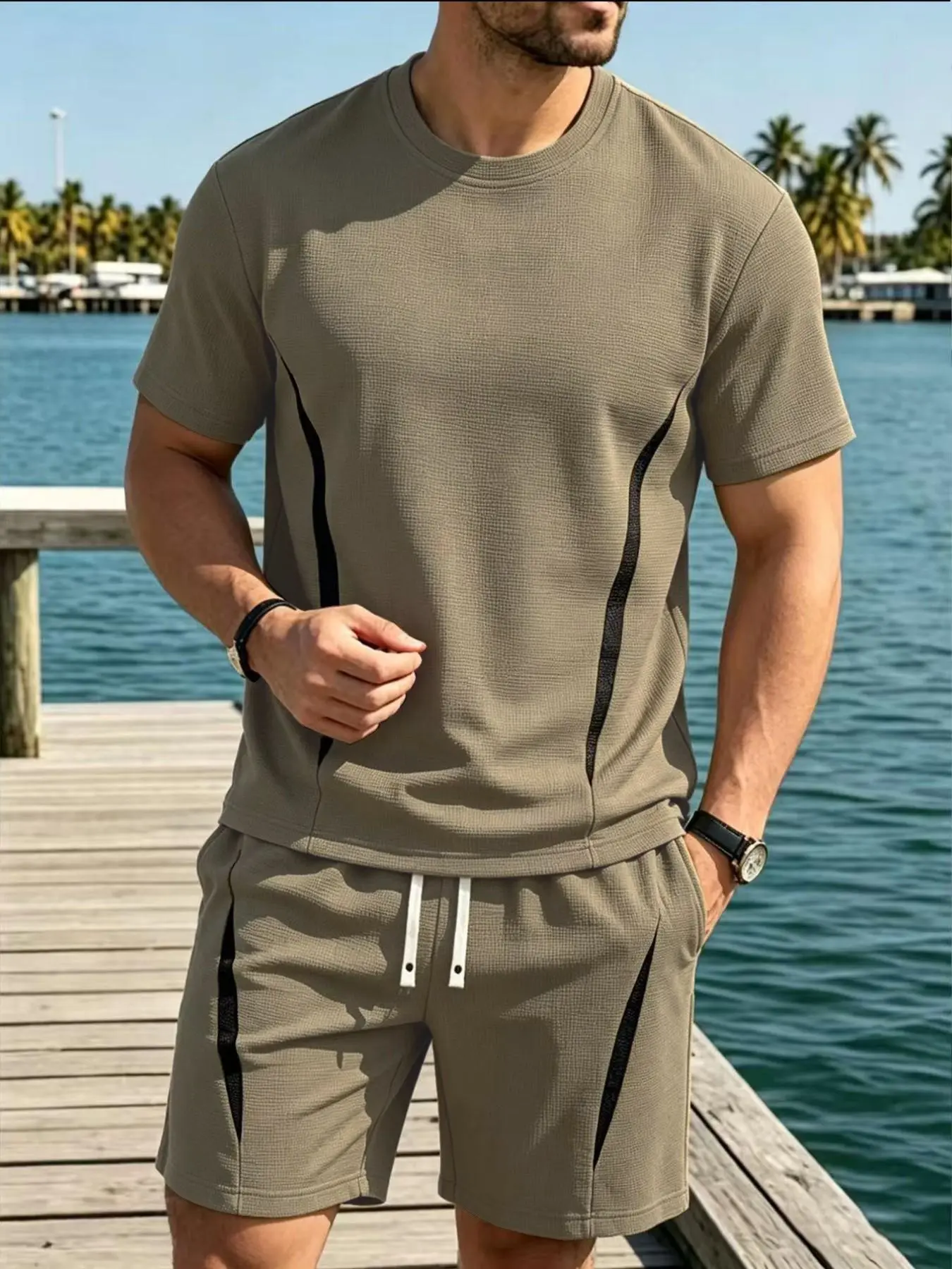 Men's Loose Fit 2-Piece Summer Set, Oversized Breathable Textured Knit Tee with Relaxed Fit Drawstring Shorts