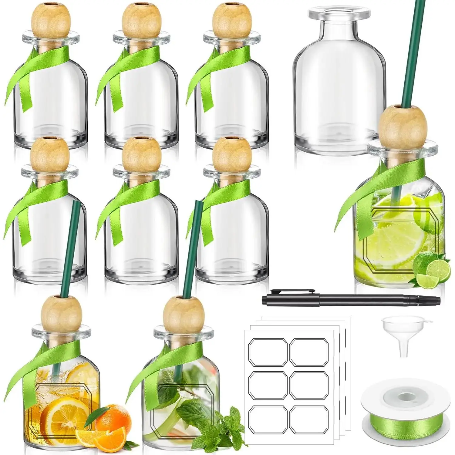 10 Packs 2oz/50ml Shot Glasses Patron Bottles with Cork and Straw Mini Empty  Bottles for Drinks    Jar with Green Ribbon for Wedding Party Personalized Decoration