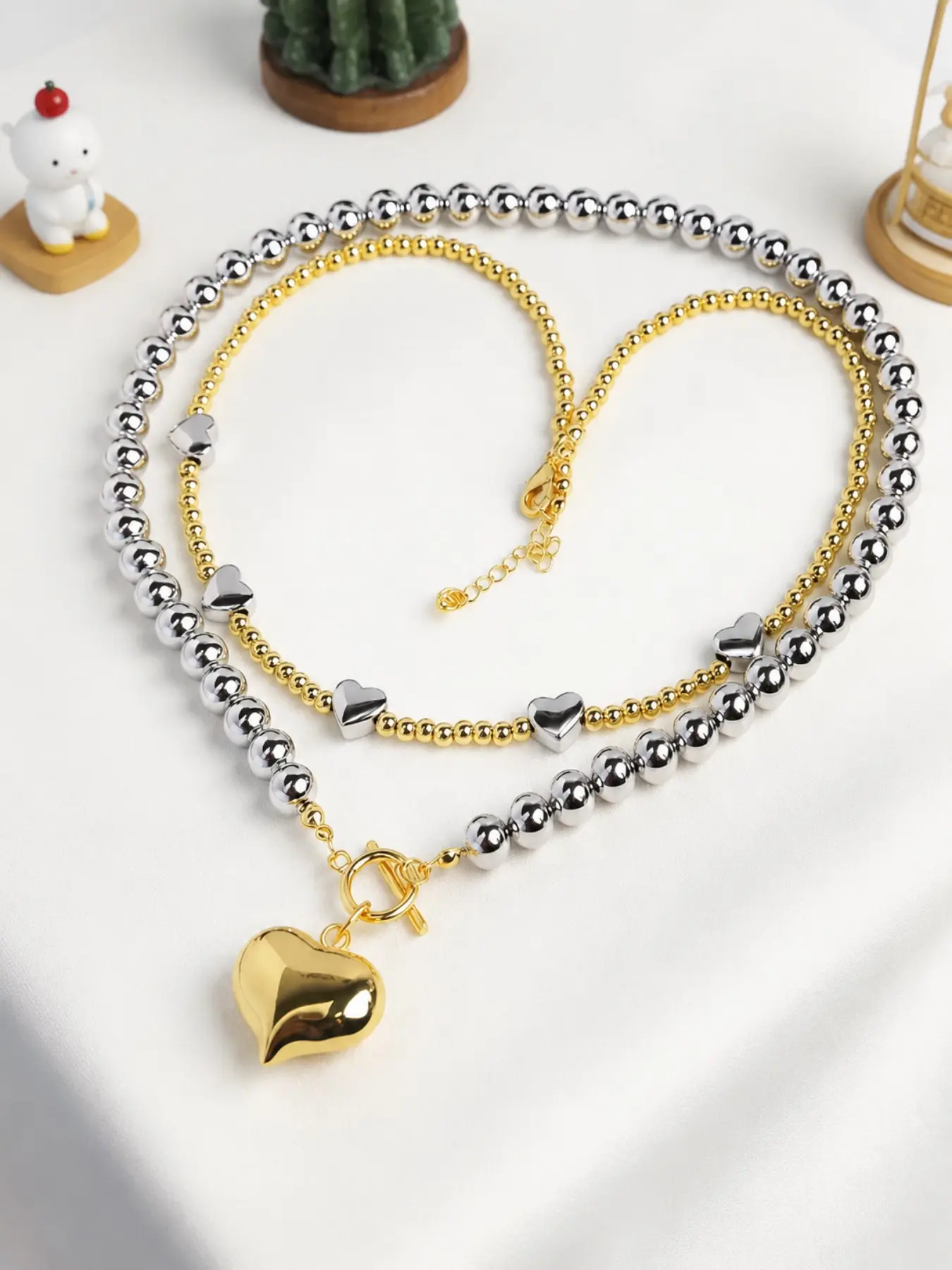 Chunky Gold Silver Layered Heart Necklace for Women, Mixed Metal Puffy 3D Love Toggle T Bar Clasp Pendant, Trendy Y2K Statement Beaded Chain Necklace, Stainless Steel Anti Tarnish Hypoallergenic Jewelry, Valentine’s Day Gift for Her, Beaded Necklaces