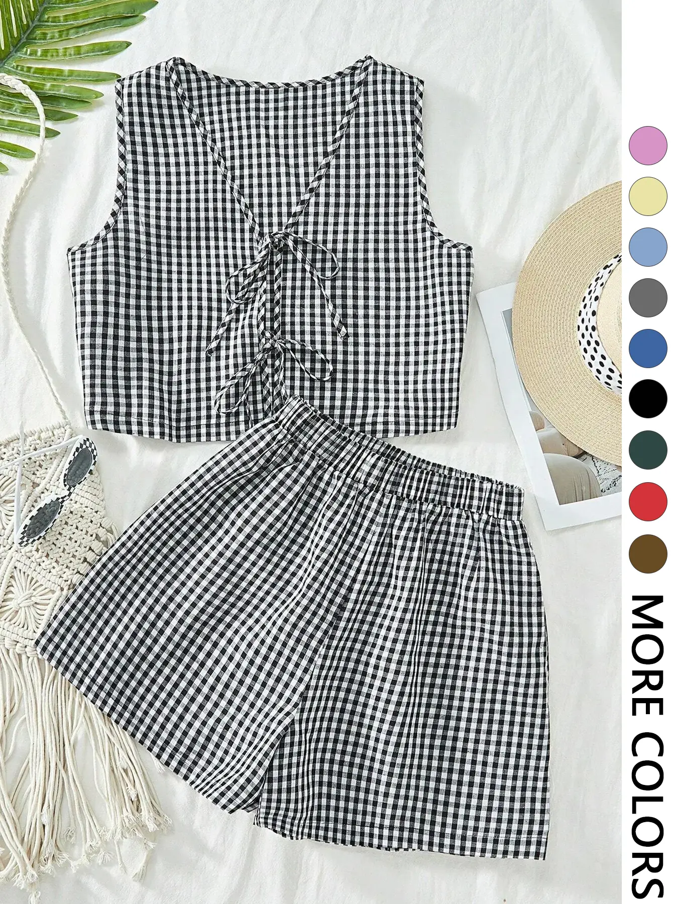 2-piece plaid striped sleeveless crop top vest and high-waisted loose shorts women's casual suit, summer Clothes and Shorts