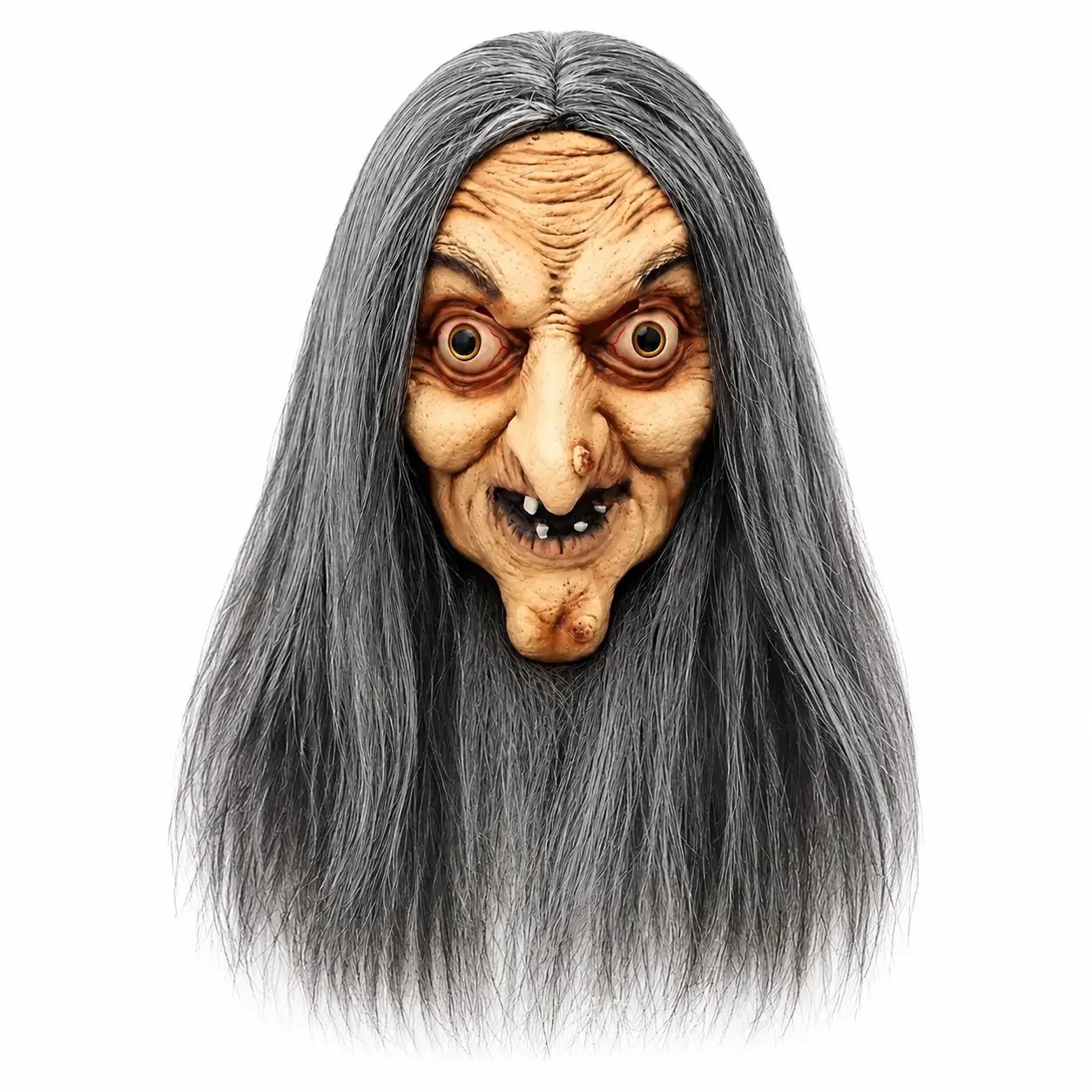 Realistic Old Witch Latex Full Head Mask, Long Hair, Halloween Costume Accessory, Horror House, Escape Game, Party Props