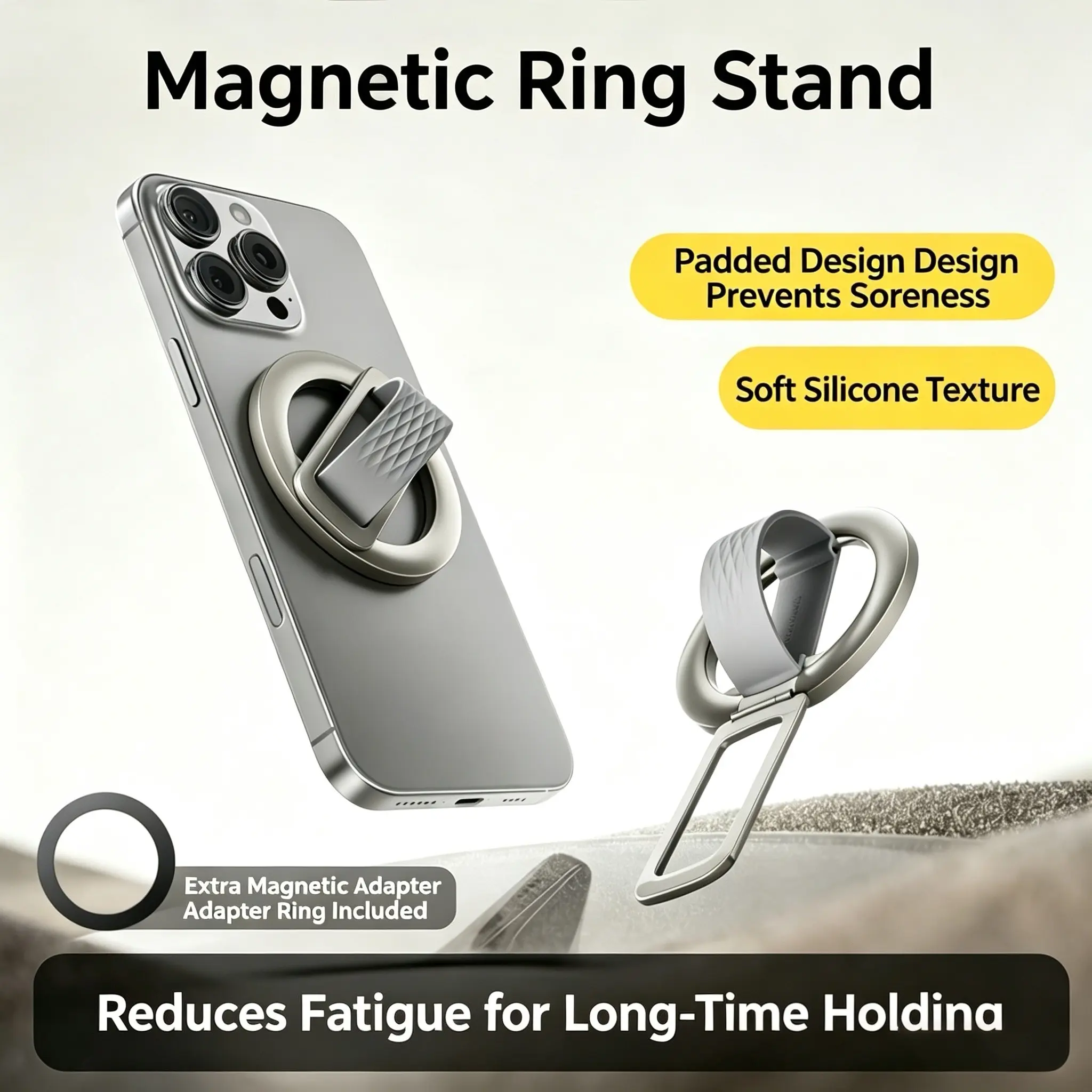 Magnetic Ring Stand, Modern Zinc Alloy Foldable Holder, Silicone Band, Screen Support, Anti-Slip, for Phones & Tablets, Gift Box Included, Magnetic Folding Stand
