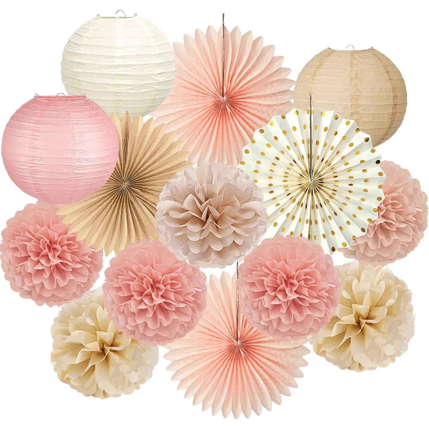 Champagne   Party Decorations, 14 count  Paper Fans, Lanterns, Pom Poms, Neutral Boho Backdrop for  Shower, Birthday, Bridal Shower, Wedding, Spring Party