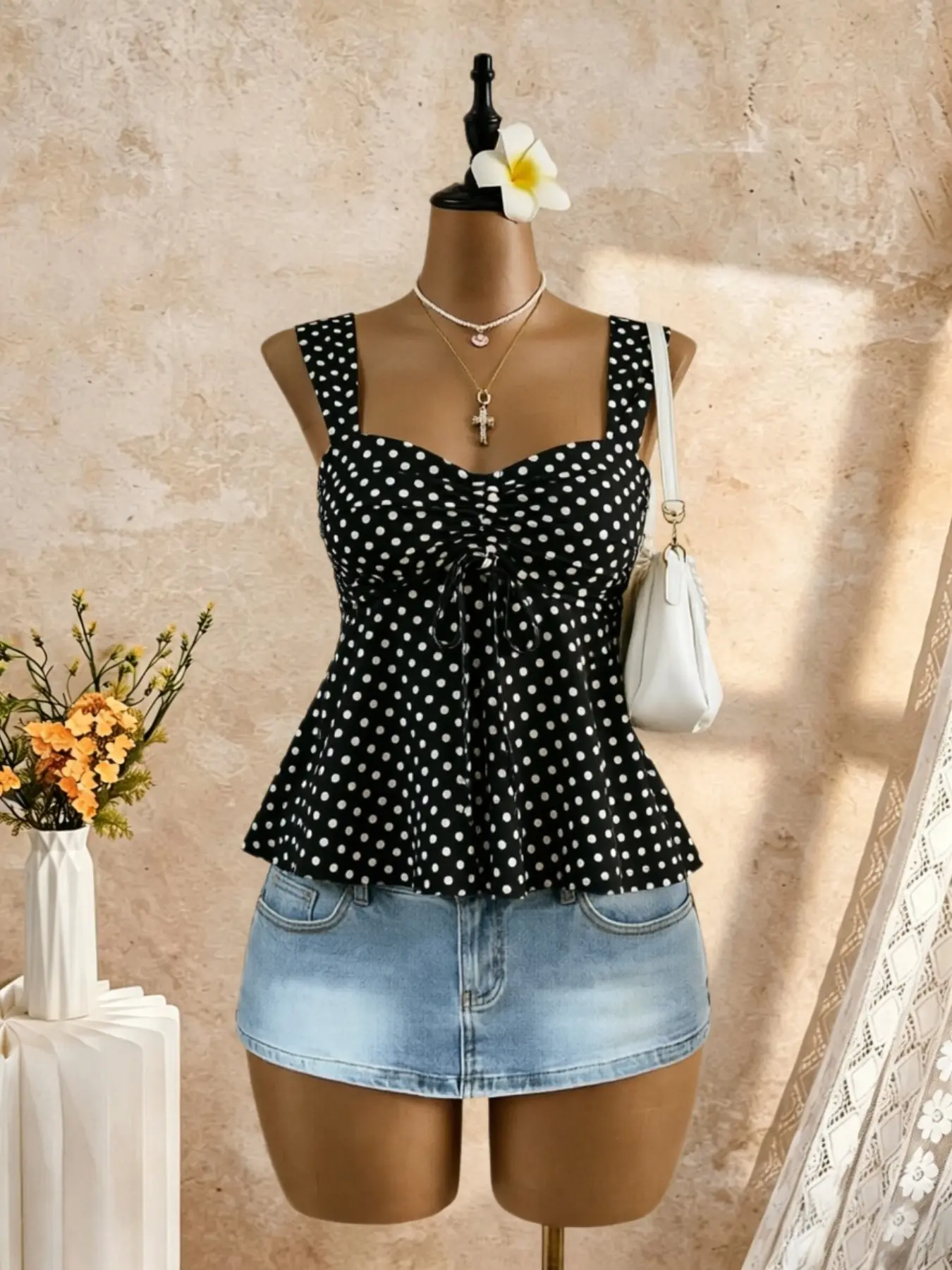 Women's Ruched Drawstring Halter Neck Top, Sweet Heart Shape Wide Straps, Flowy Ruffle Short Sleeve, Vintage Summer Y2K Beachwear