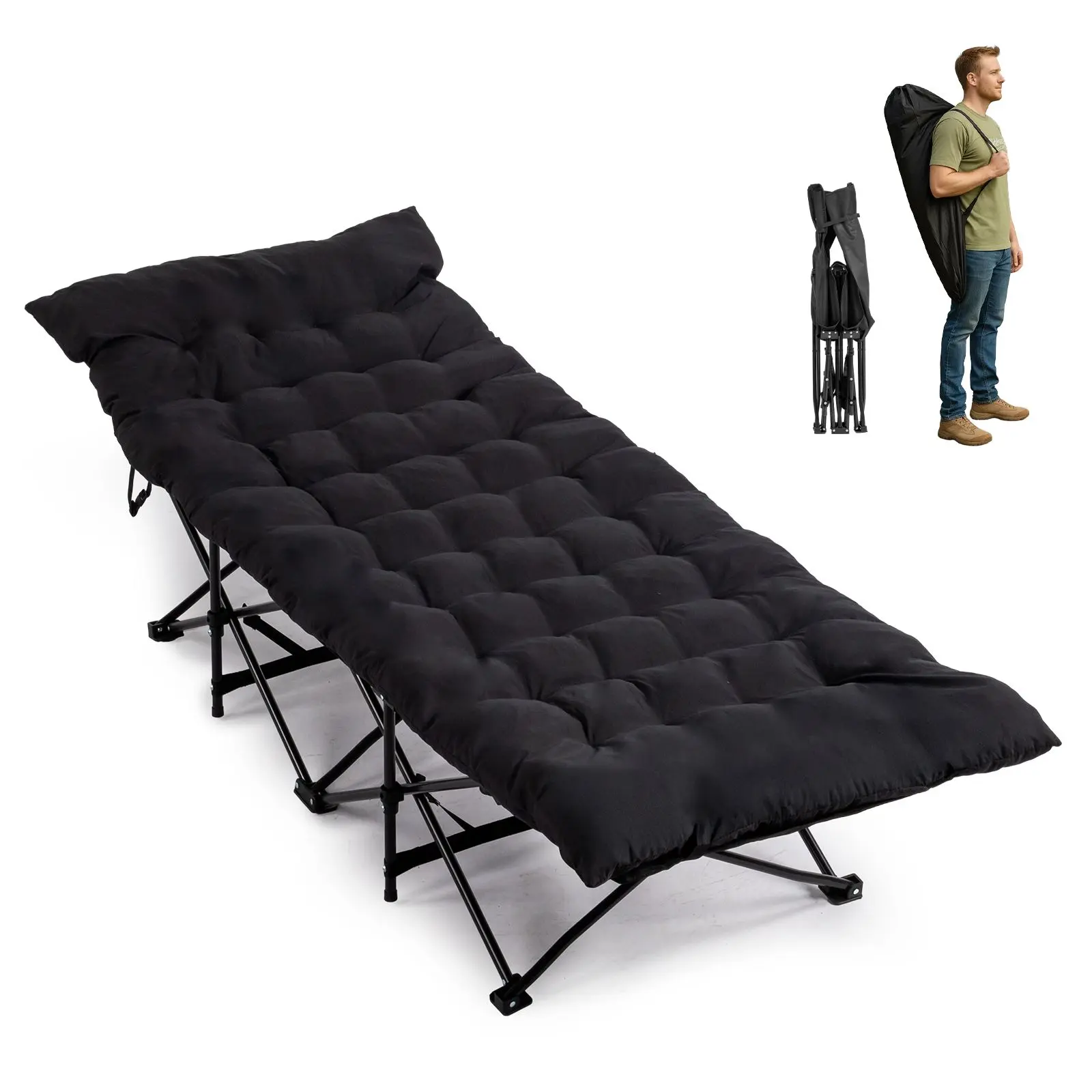Adult Size Unisex Folding Camping Cot with Soft Pad, Portable Outdoor Sleep Bed for Camping, Home Office Nap, Black