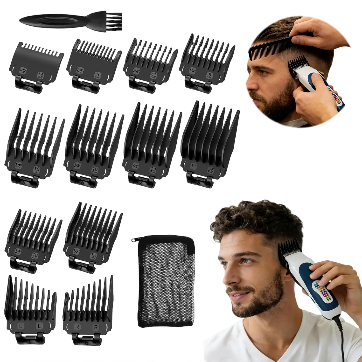 12 Pack Universal Clipper Guide Comb Attachments, Replacement Hair Clipper Guards 1/16" to 1" with Left & Right Ear Taper Guards, Black Nylon Snap-On Trimmer Combs with Storage Bag & Cleaning Brush