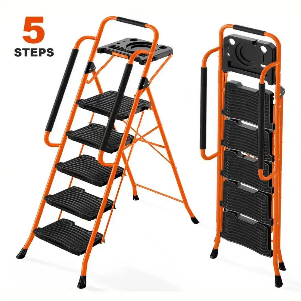 Sekam 5-Step Folding Ladder - 26lbs Lightweight,  Folding Step Stool with Wide Anti-Slip Pedal, Sturdy Steel Ladder, Dual Handrail, Lightweight, Portable Steel Step Stool for Home Clean, Maintenance, House Work, Kitchen, Painting
