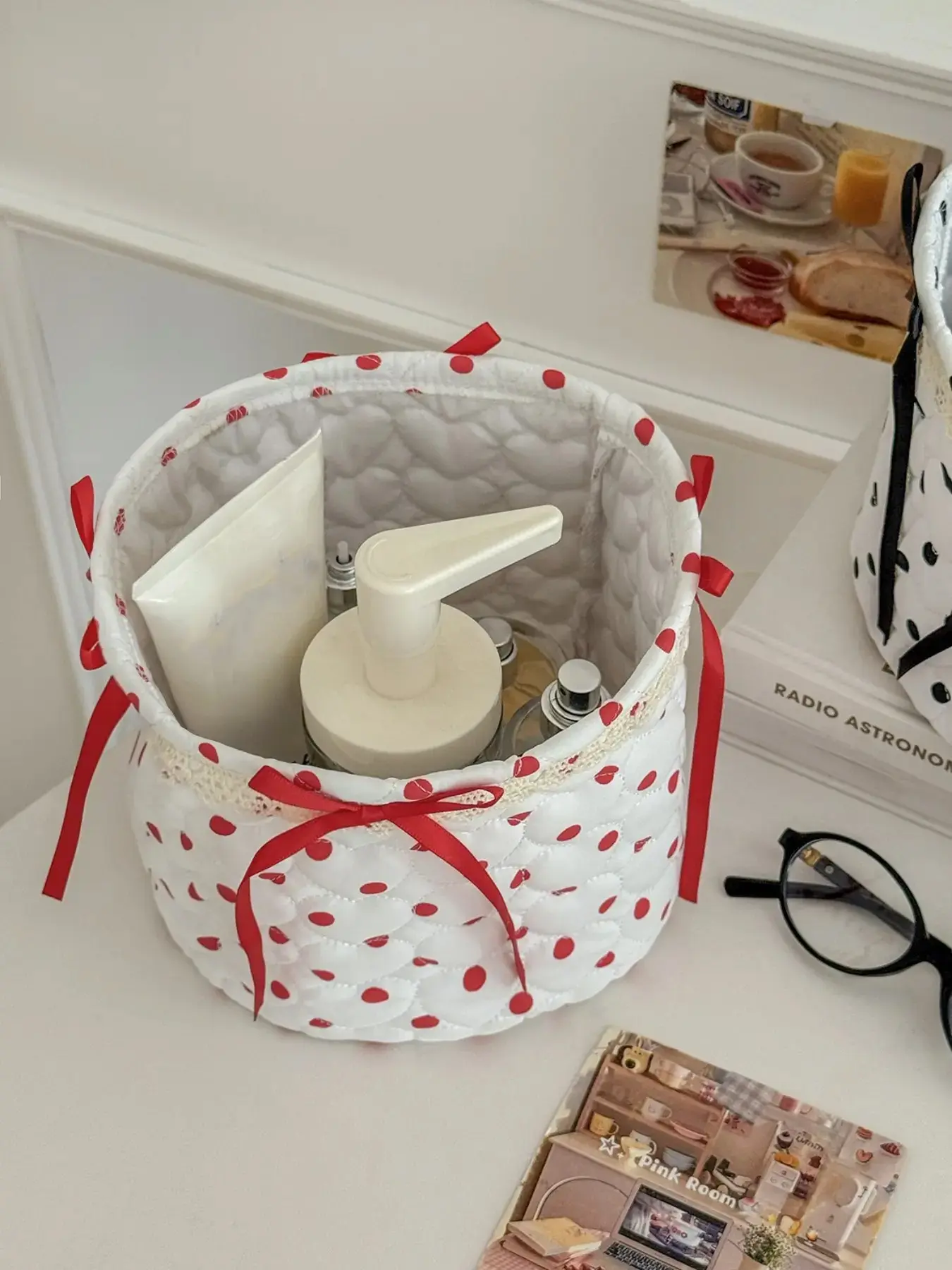 Cute Red Polka Dot Quilted Round Storage Basket with Ribbon Bow, Open Top Desktop Organizer Bin for Skincare, Cosmetics & Daily Small Sundries, Vanity Bedroom Decor