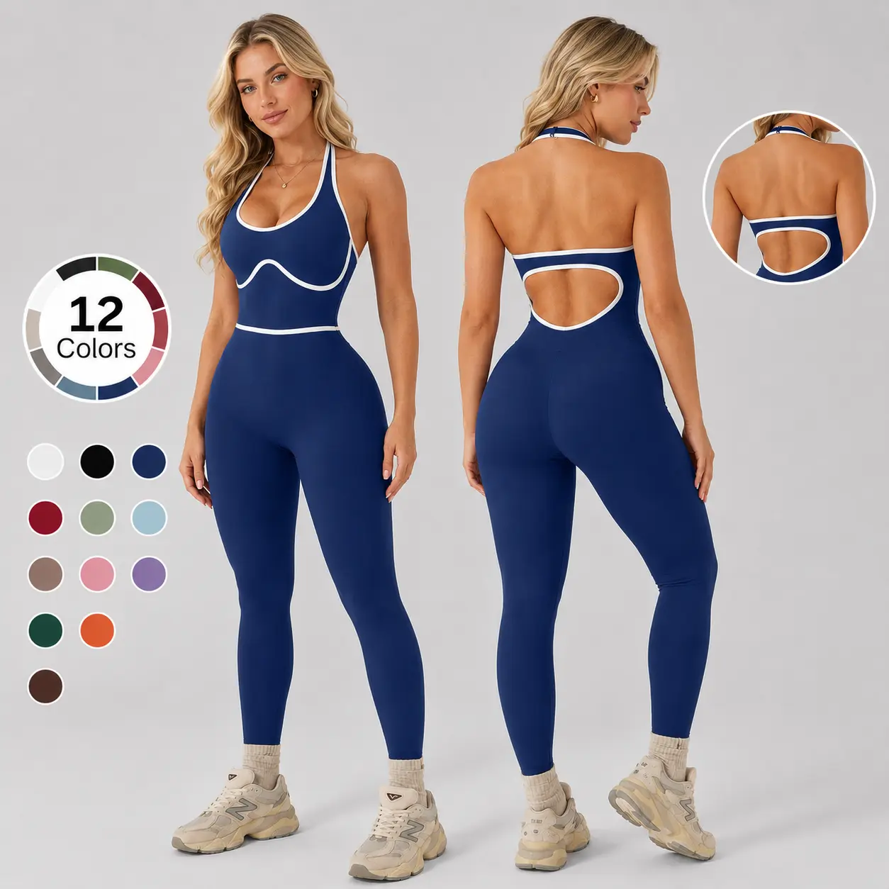 Rise Active Women’s Halter Workout Jumpsuit, Open Back Cutout One Piece Yoga Bodysuit, Contrast Trim Slim Fit Leggings Activewear for Gym & Fitness