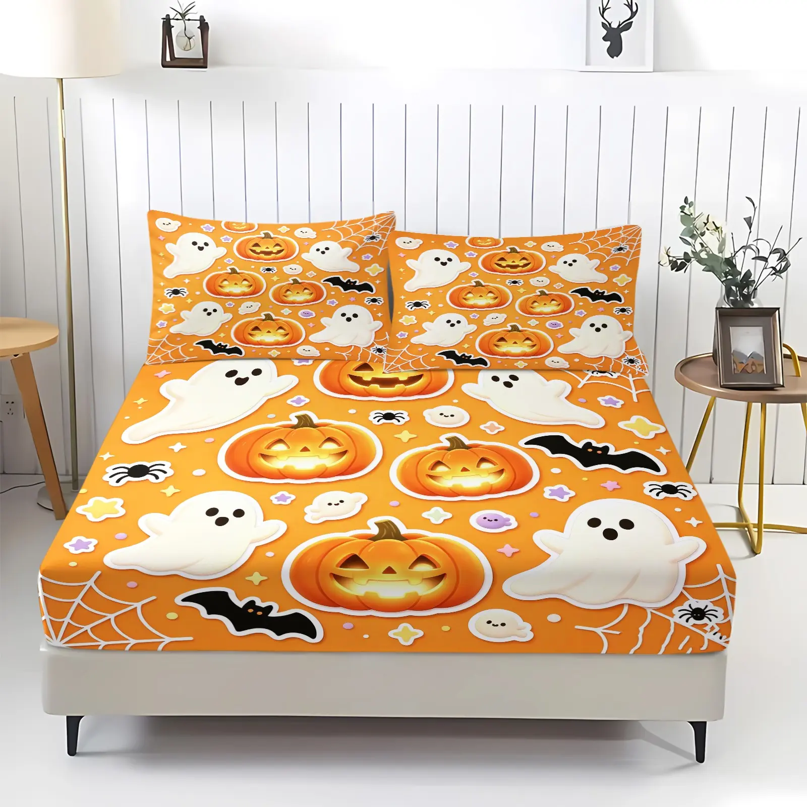Fitted Sheet Set, Bed sheet set, Halloween Digital Print With Pumpkin Lantern, Ghost, Bat, Spider Web Pattern, 360° Elastic Fitted Sheet, Includes 2 Pillowcases - without Core for Halloween Bedroom Decor