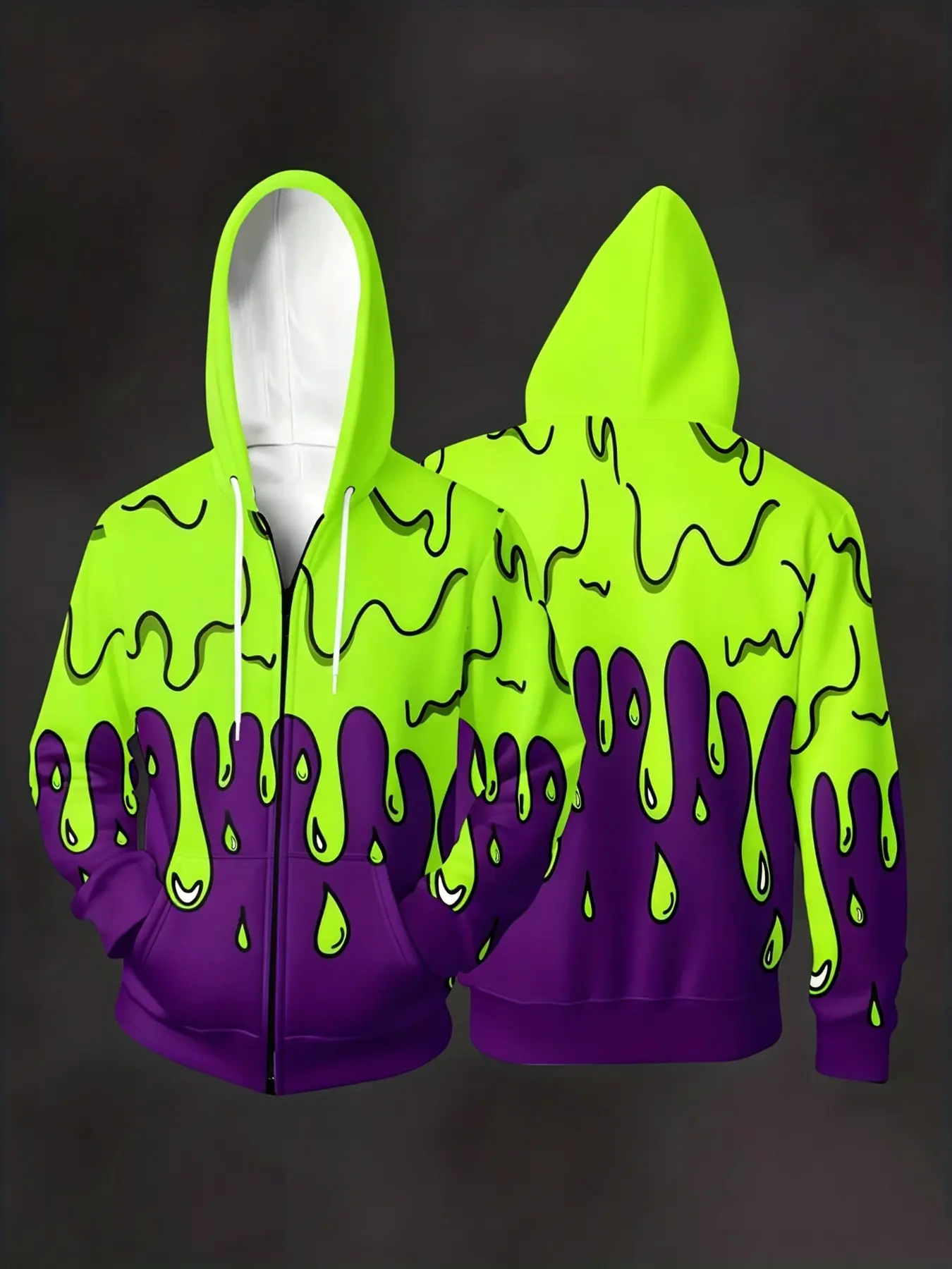 Men Zip Up Hoodie, Green Purple Slime Drip Full Print Drawstring Jacket, Long Sleeve Casual Streetwear Loose Fit Outerwear Daily Fashion Hooded Coat, Graphic Hoodie.