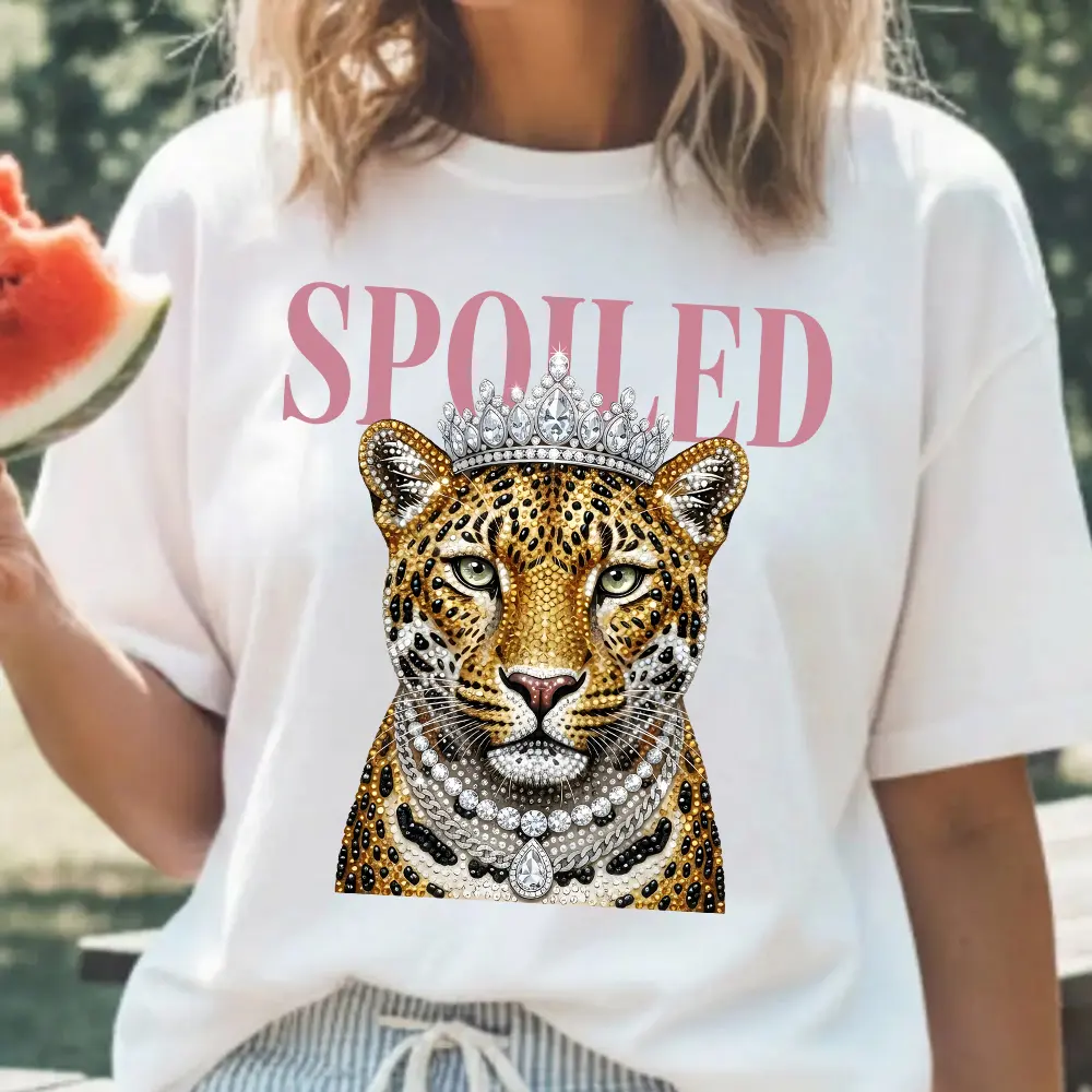 Trendy "SPOILED" Leopard Back Graphic Tee | Princess Crown Y2K Aesthetic T-Shirt for Women Men, Oversized Streetwear Casual Short Sleeve Cotton Top
