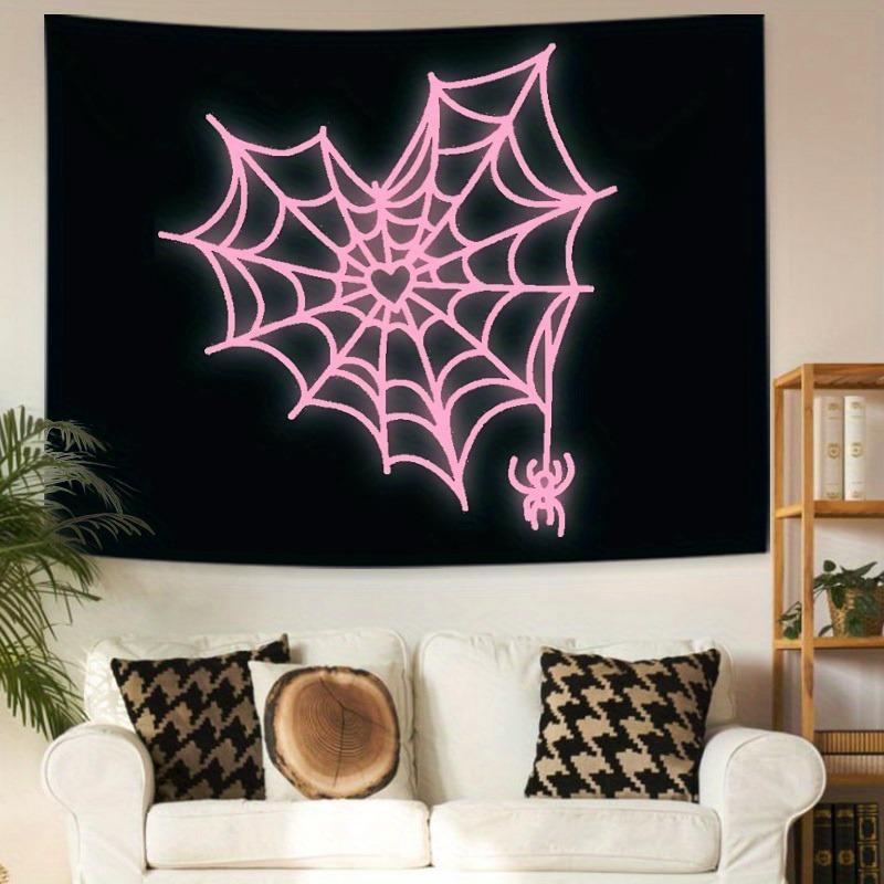 Spider Web & Heart Pattern Glow in the Dark Tapestry, USB Plug-in LED String Light Included, Wall Hanging Decor for Home Living Room Bedroom, Vanity Decor Accessories