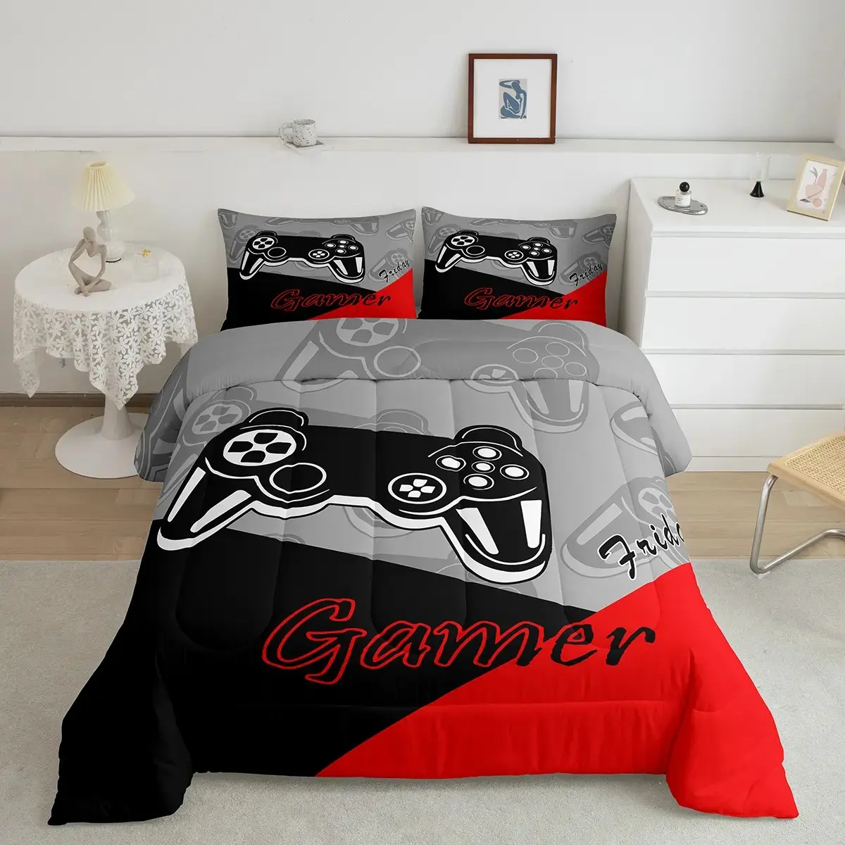 Gamer 3-Piece Comforter Set, Game Controller Themed Bedding for Boys Teens, No Padding, Bedroom Use, Washable Bedding Supplies, Size Chart Included, Bed Sets Supplies