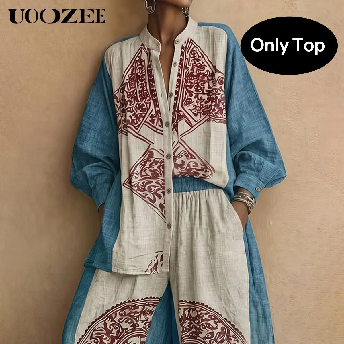 UOOZEE Women's Boho Blouse, Ethnic Print Polyester Button Down Shirt, Oversized Top with Stand Collar and Puff Long Sleeves, Trendy Blouses, Print Pattern, Full Buttons, Casual, Tank Top, Bohemian