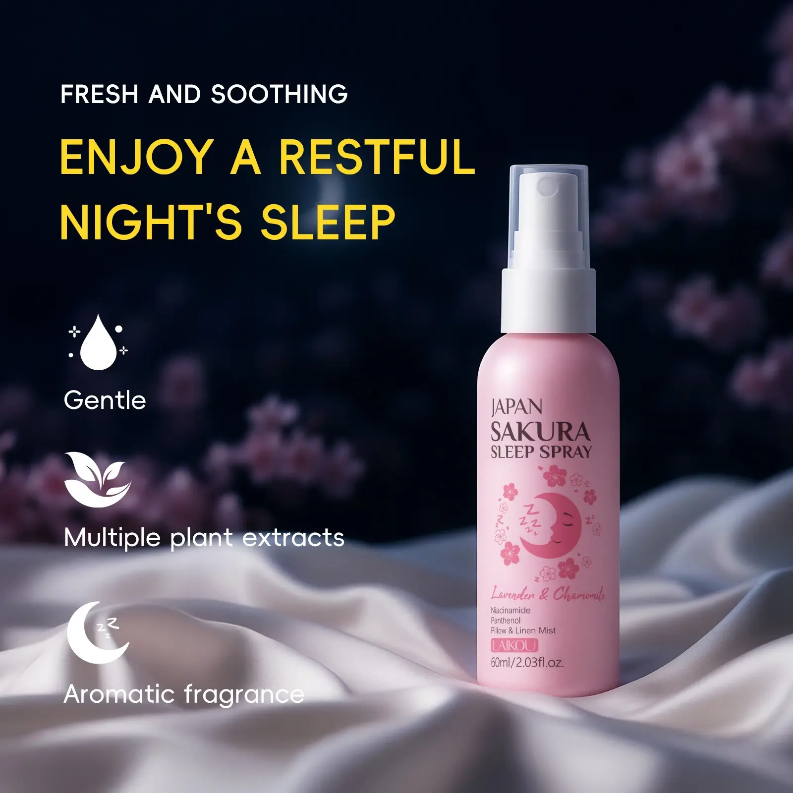 Cherry Blossom Lavender Sleep Spray 60ML, Lavender & Chamomile Pillow Mist for Peaceful Sleep，Niacinamide + Panthenol Formula, Relaxing Aroma, Portable for Travel, Improves Sleep Quality