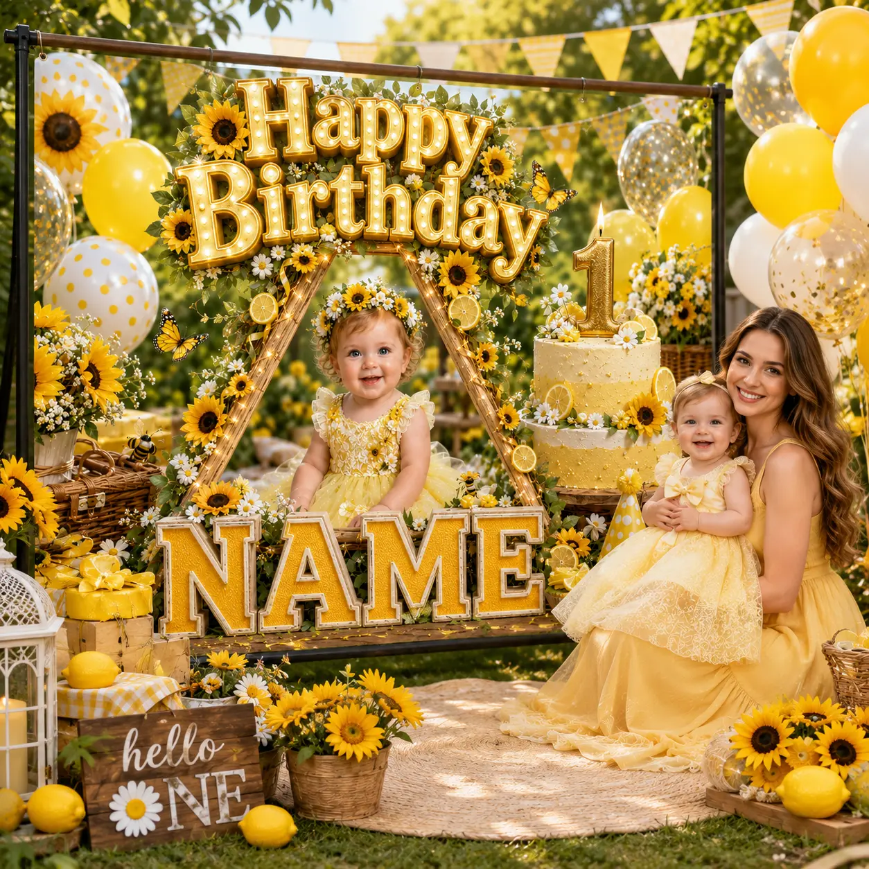 Personalized Sunflower 1st Birthday Backdrop Banner - Daisy, Floral Artwork, Photo, Name, Bees, Lemons, Butterflies, Balloons, Cake - Festive Party Supplies Gift for Home Decor, Banners