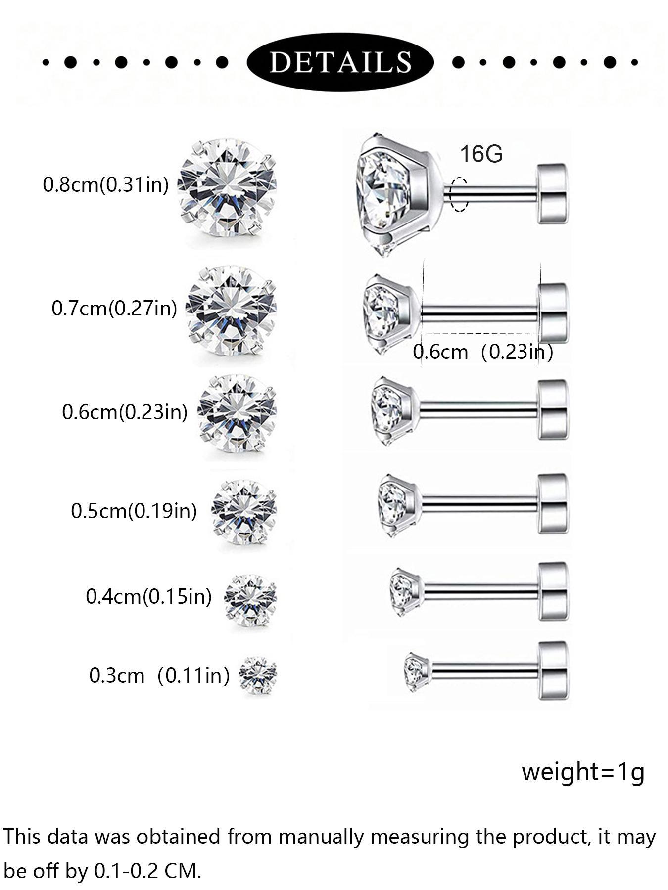 Multiple Sizes Cubic Zirconia Decor Ear Studs, Stainless Steel Material Ear Cartilage Piercing Jewelry for Women, Fashion Body Piercing Jewelry for Party, Daily Cubic Zirconia Decor, Funky Jewelry Six Pairs Variety, Rhinestone Embellishments