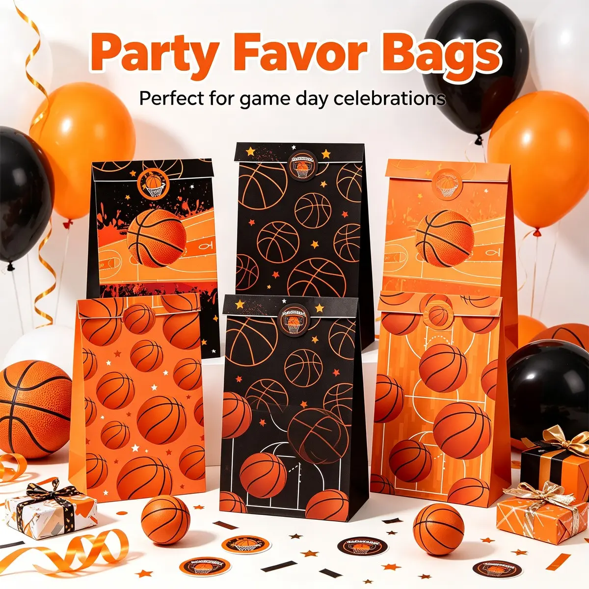 Basketball Themed Gift Boxes Set, Includes 12 Gift Bags & 12 Stickers, Perfect for Birthdays, Sports Parties, Valentine's Day
