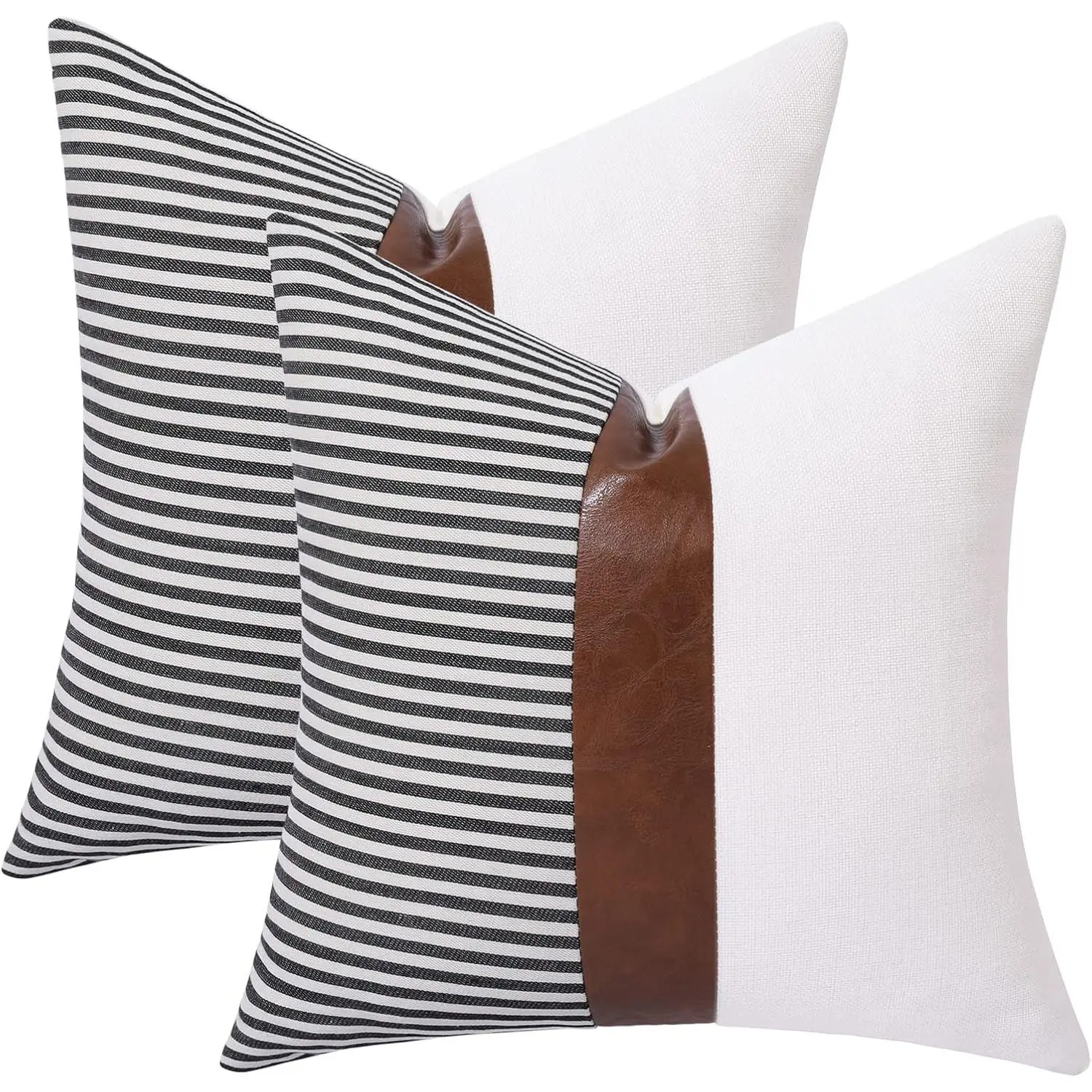 Set of 2 Faux Leather Throw Pillows 18x18 with Inserts, Boho Striped  Outdoor Pillows, Decorative Accent Cushions for Couch, Patio & Living Room, Black