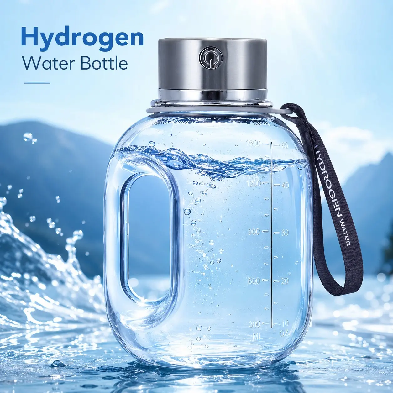 60oz New Hydrogen Water Bottle, Spe/pem Technology, 1.8L Leak-Proof Sports Water Bottle with Handle and Strap, Portable for Gym and Outdoor Use, Tritan