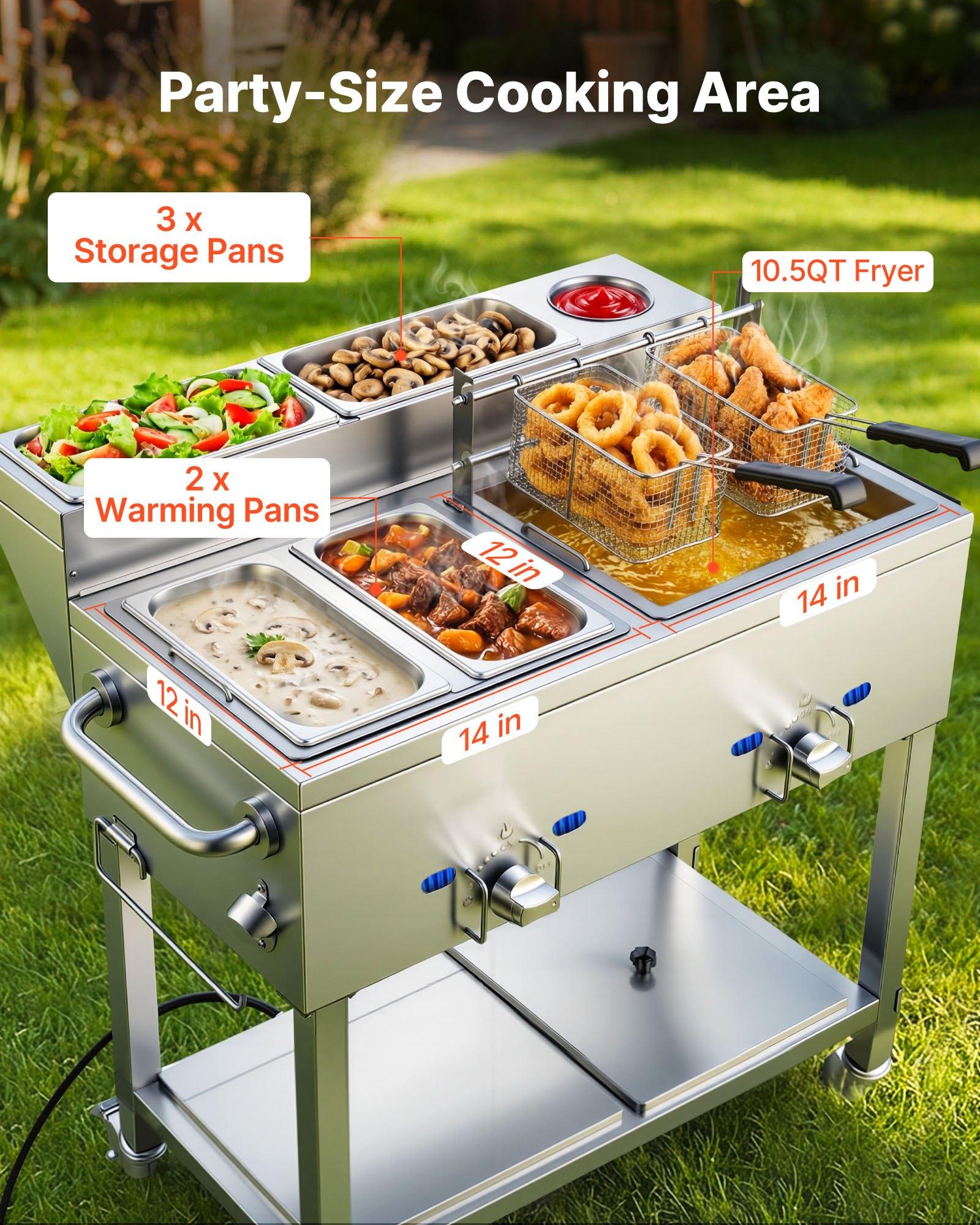 VEVOR Outdoor Propane Deep Fryer, 2 Burners (11,600 BTU Each), Commercial Fryer with Two 1/3 Size Food Warming Pans, Multi-Purpose Frying Cart with 4 Lockable Wheels, for Fried Chicken & Fries