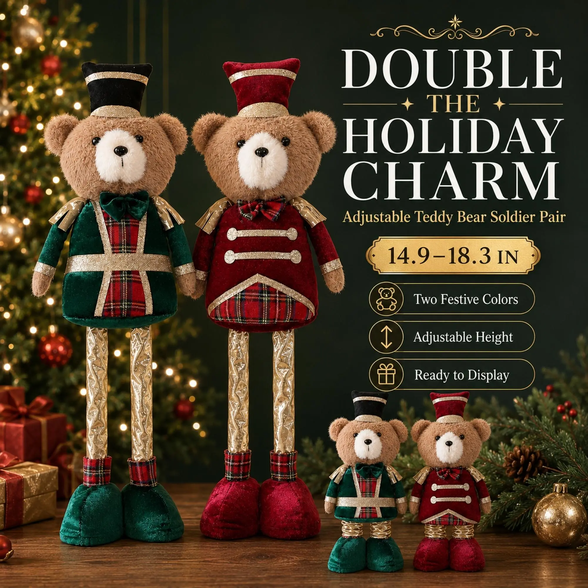 Baby Pretend Play Cloth Cotton Christmas Nutcracker Teddy Bear Plush, Retractable Legs Standing Pose Doll, Green Velvet Soldier Costume Ornament for Ornamental Display Tabletop Decor