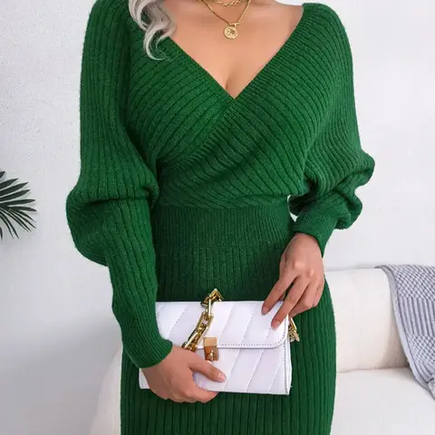 Women's Plain Solid Wrapped V Neck Leg-of-mutton Sleeve Sweater Dress, Slim-fit Long Sleeve Bodycon Jumper Dress, Womenswear