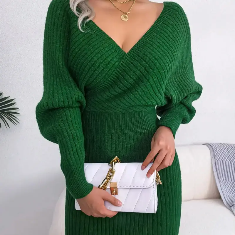 Women's Plain Solid Wrapped V Neck Leg-of-mutton Sleeve Sweater Dress, Slim-fit Long Sleeve Bodycon Jumper Dress, Womenswear