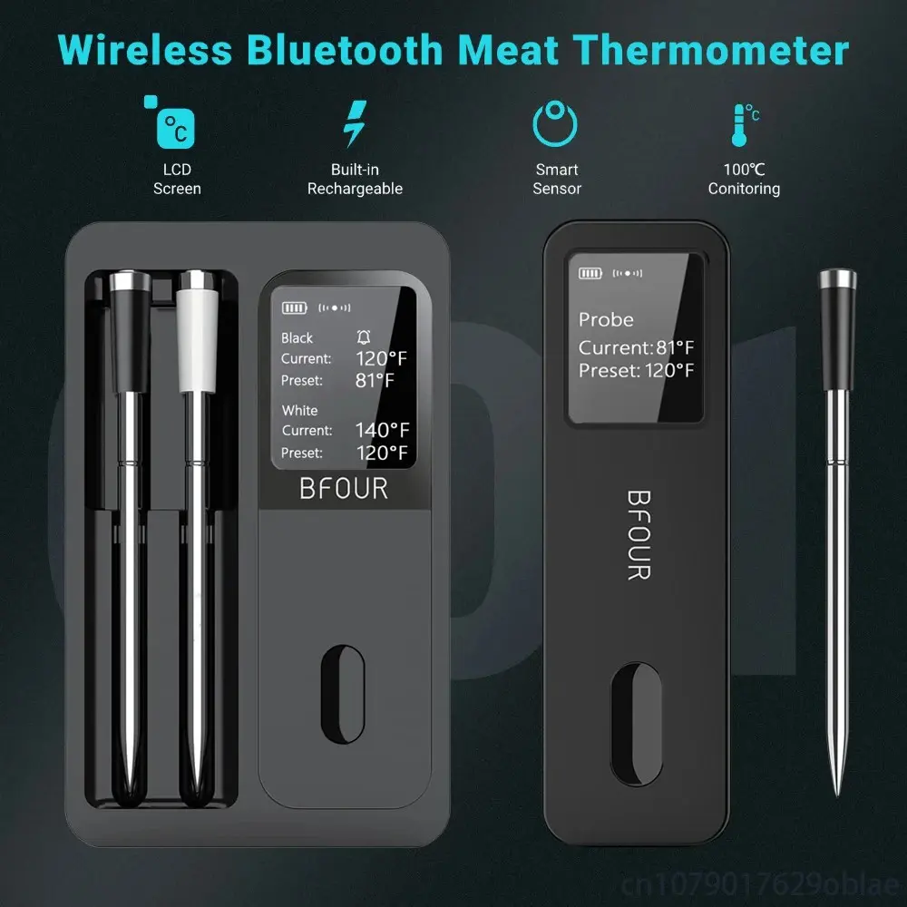Wireless Bluetooth-compatible Kitchen Meat Thermometer, Ip67 Waterproof Probe with LCD Screen, Rechargeable, Ideal for BBQ Smoking Grills