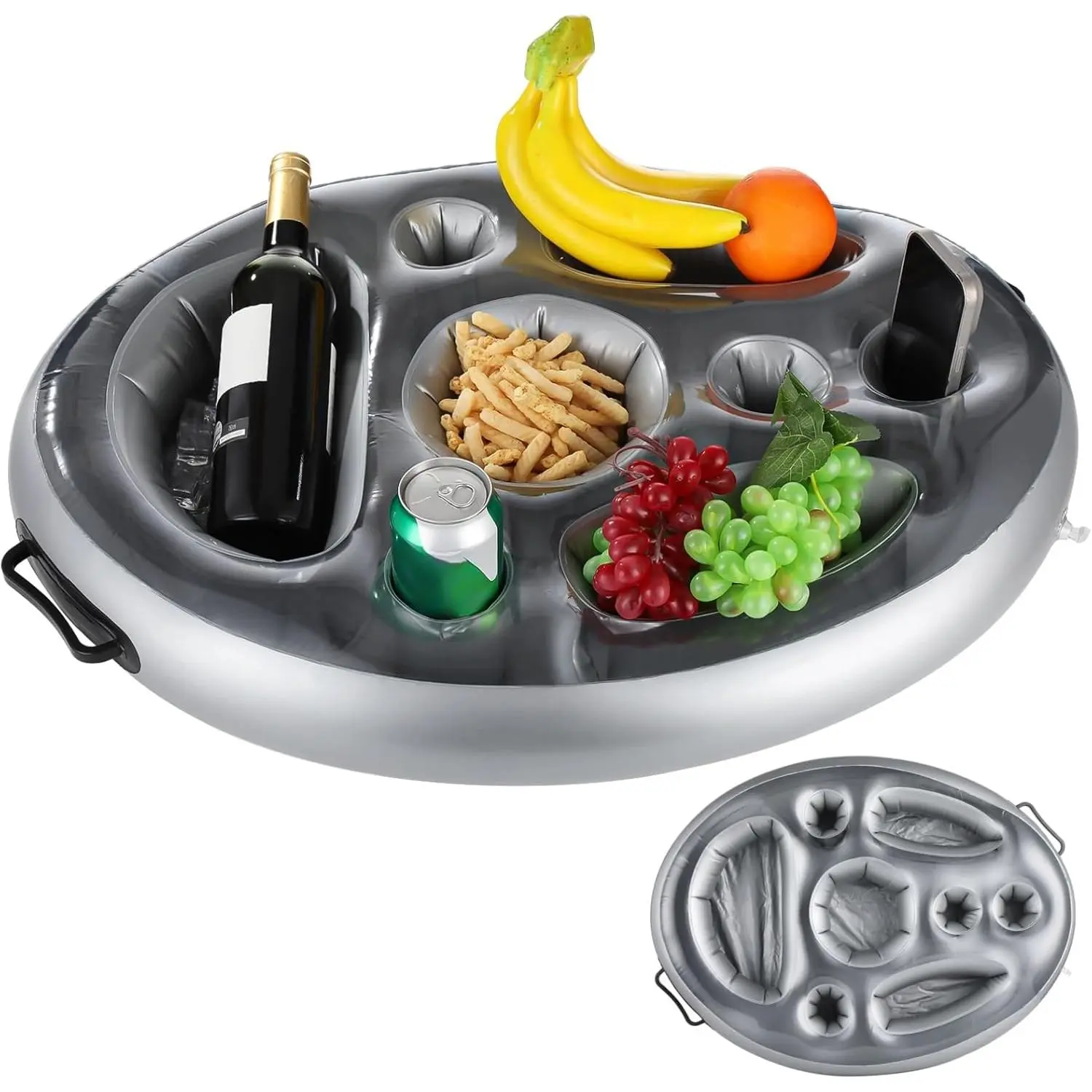 Functional Round Bar Inflatable Serving Bar, Floating Pool Drink Holder & Hot Tub Accessory for Pool Parties (Grey)