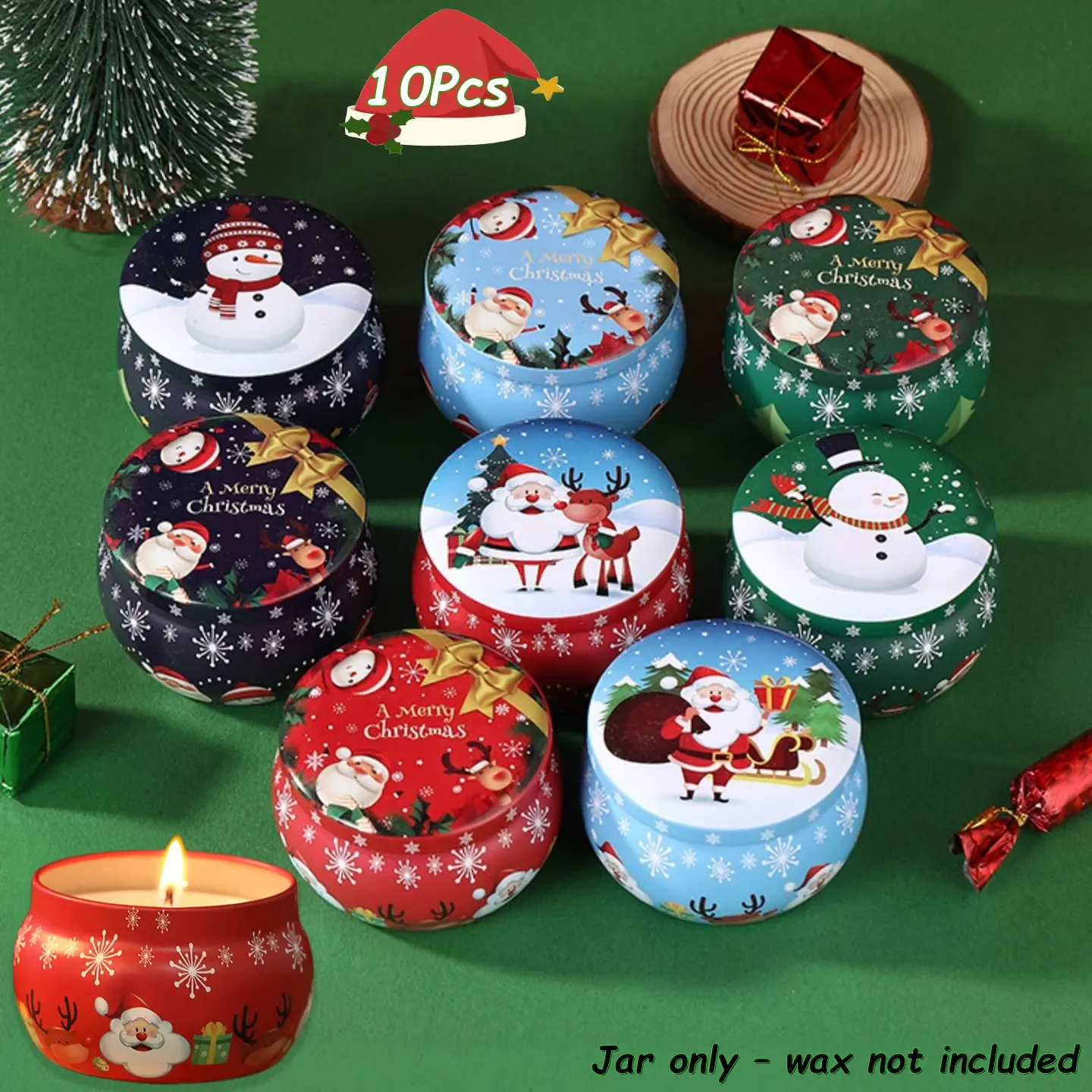 10Pcs Festive Christmas Candle Jars - Metal Tin Boxes, 2.2oz, Perfect for Candle Making, Decorations, Party, and Gift Jars(Jar Only – Wax Not Included)