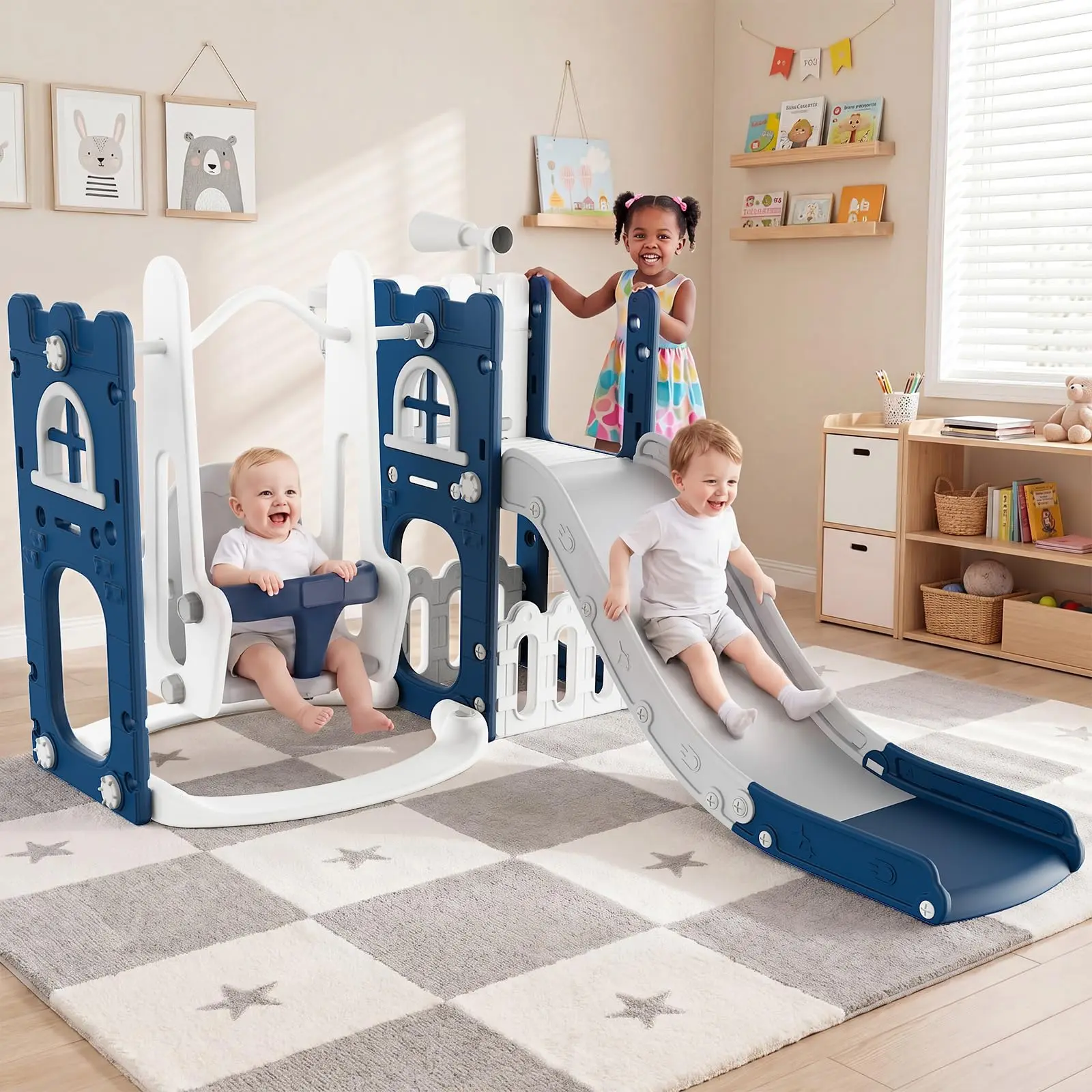 9-in-1 HDPE Unisex Toddler Slide and Swing Set - Freestanding 56.7-inch Slide, Climbing, Baby Swing, Construction Features - All Seasons Indoor/Outdoor Sports Playground for Backyard