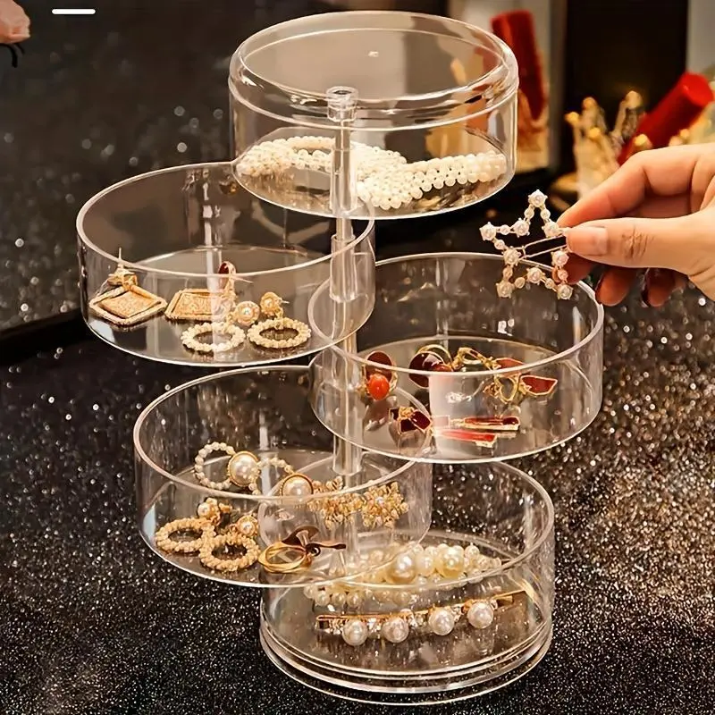 1 Bohemian Style 5-Tier Jewelry Organizer, Large Capacity Clear Plastic Rotating Earring and Bracelet Holder with Dust Cover, Lockable Buckle Desktop Accessory Storage, Multipurpose Oval Jewelry Box Suitable for Hair Accessories, Bangles, Necklaces,