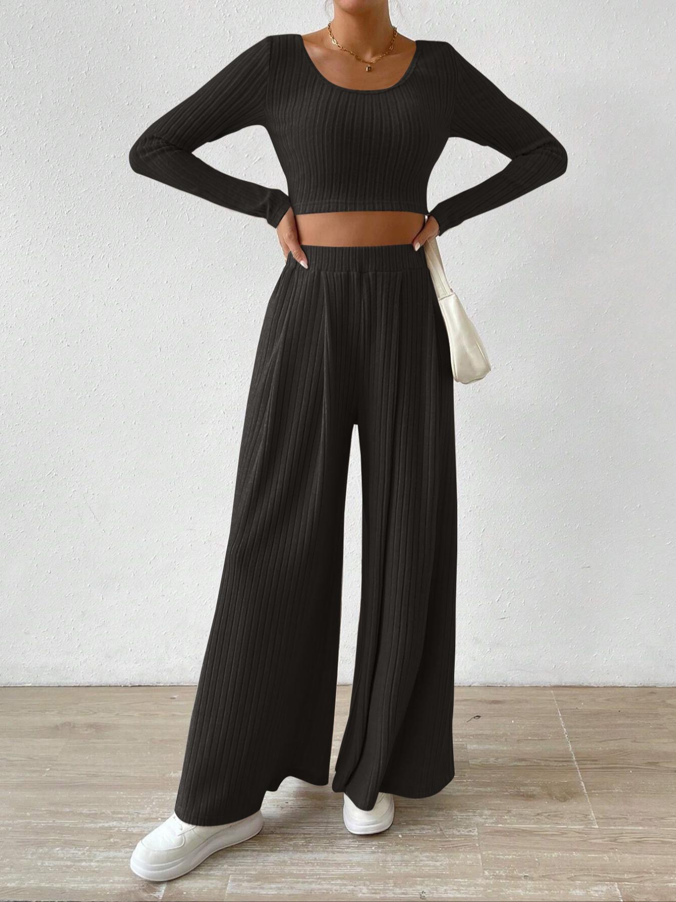 Women's Solid Ribbed Crop Tee & Loose Wide Leg Pants Two-Piece Set, Casual Long Sleeve Scoop Neck Top & High Waist Trousers for Fall & Winter, Women's Clothes for Daily Wear, Womenswear