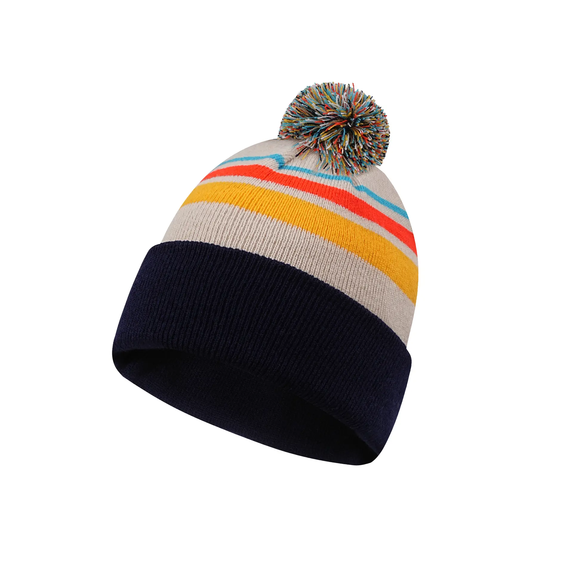 Mens Color Block Colorful Striped Jacquard Knitted Beanie Hat With Fluffy Pom pom Windproof Warm No Earflap Buffet Cap Ideal For Winter Outdoor Skiing Running Camping Casual Daily Streetwear Cold Weather Fashion Head Accessory