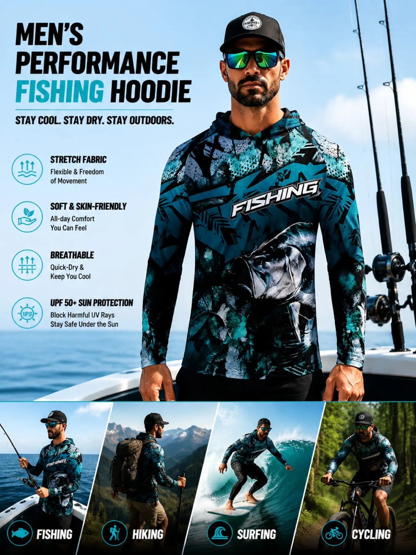 Men UPF50+ Sun Protection Hooded Fishing Shirt Realistic Sea Bass Fish Ocean Wave Print Quick Dry Breathable Mesh Long Sleeve Outdoor Fishing Wear Outdoor Sports Tops For Fishing Hiking Surfing
