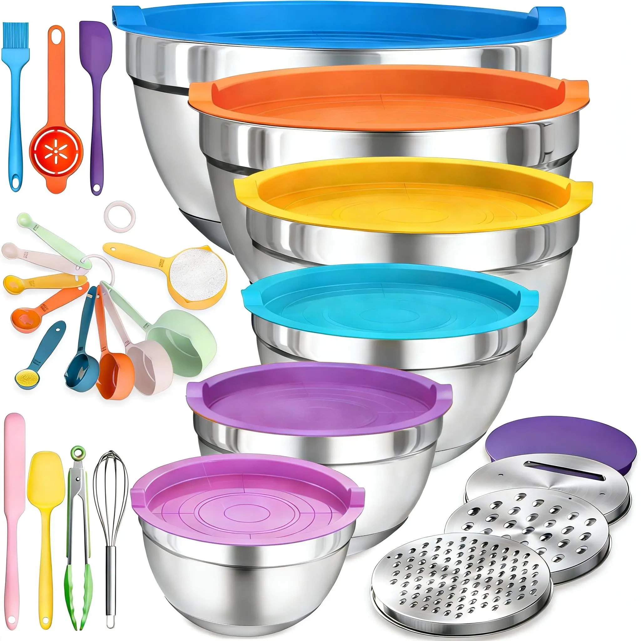 Mixing Bowls with Airtight Lids Set, 6PCS Stainless Steel Nesting Bowls Set, 3 Grater Attachments , Baking & Mixing(Colorful)