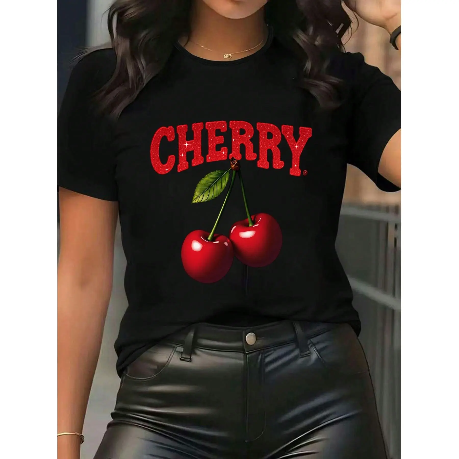 Women's Cherry Graphic Print Short Sleeve T Shirt Casual Crew Neck Cotton Blend  Top Summer Loose Fit Basic  For Daily Wear,Tops For Women,Women Tops,Women's Tops Clothes ,Women Tops, Blouses &  Camiseta Para Mujer,Motif Women Clothes, back men gift manga
