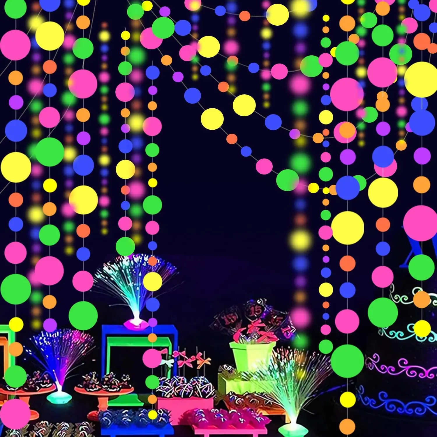 120ft Round Dot UV Neon Hanging Paper Garland - Glow-in-the-Dark Blacklight Reactive Fluorescent Party Decor Kit for Birthday, Holiday Celebrations