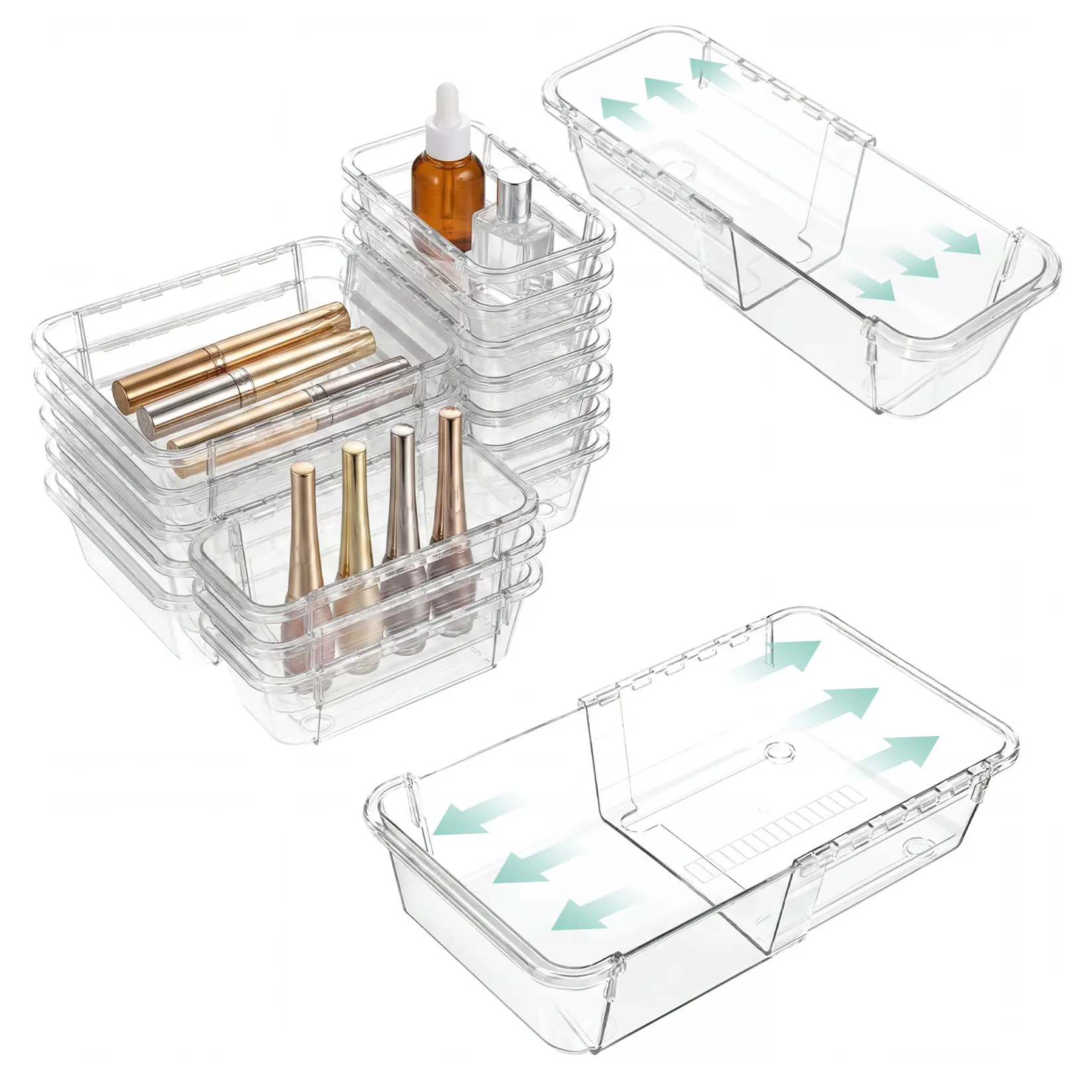 14 Piece Expandable Clear Drawer Organizer Set PET Adjustable Drawer Dividers Storage Trays for Makeup Jewelry Office Desk Kitchen Cabinet Organization