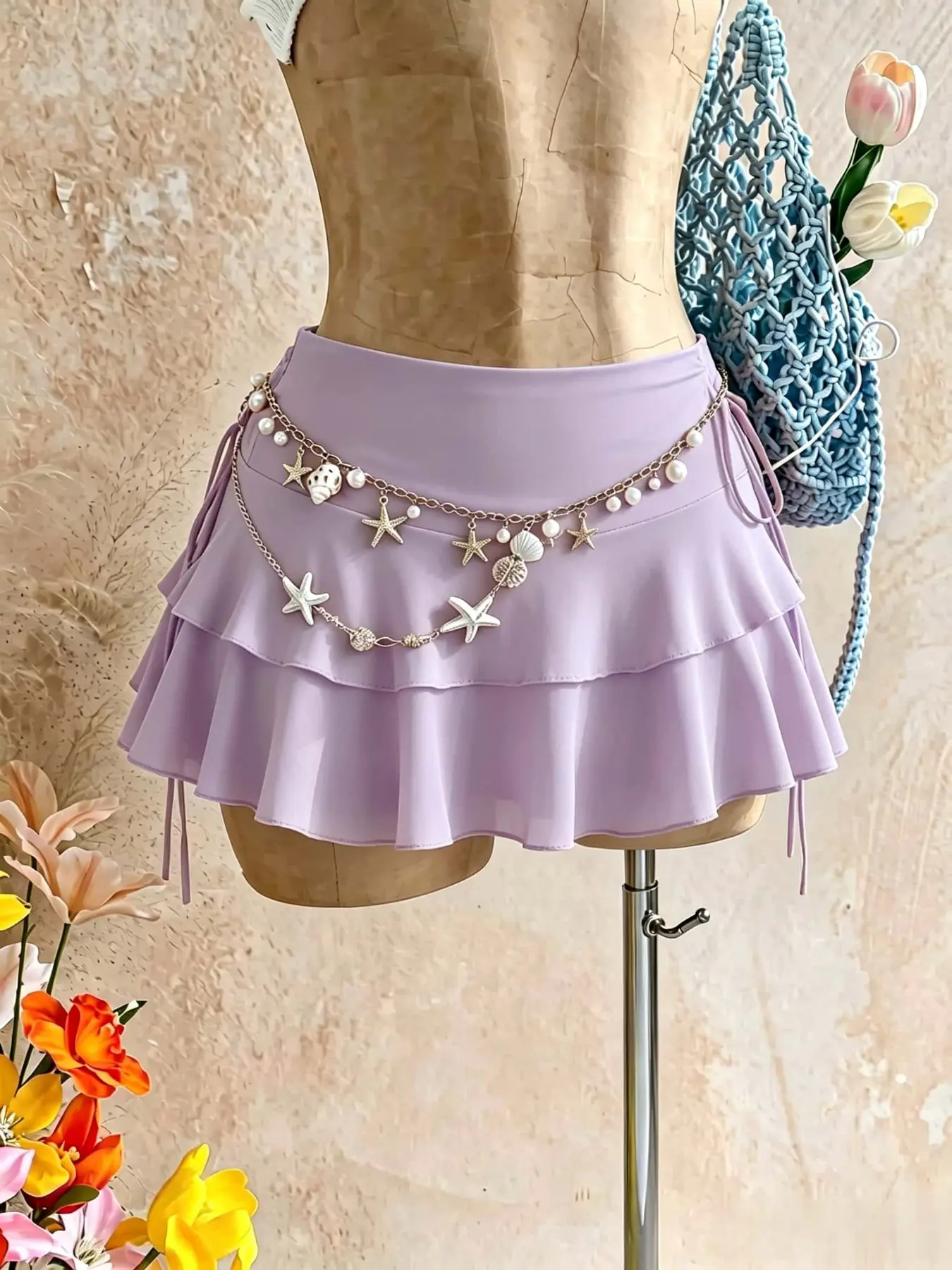 Women's High-Waisted Mini Skirt, Adjustable Drawstring Waist, Layered Ruffle Hem, Soft Fabric, Casual, Versatile for Home & Beach