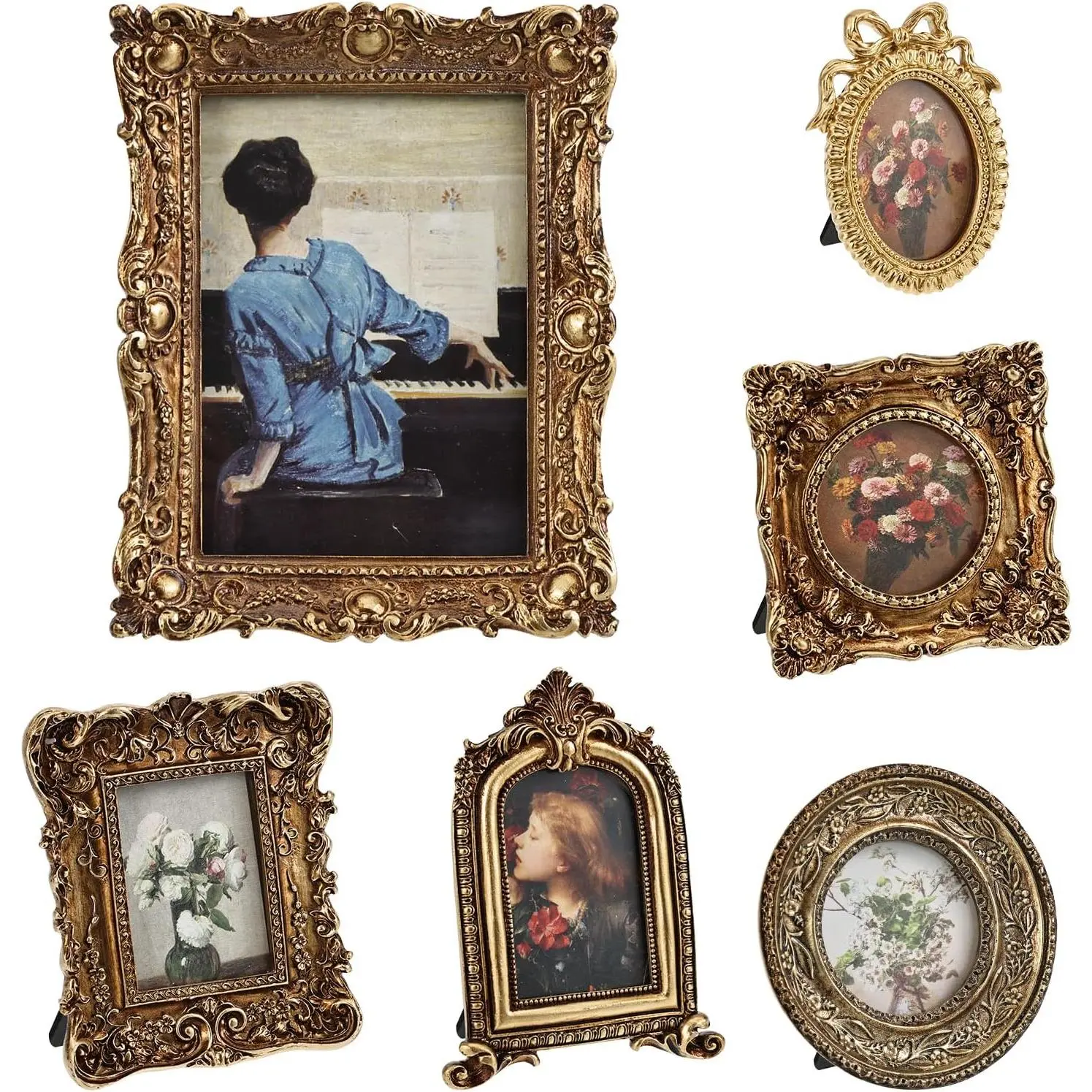 Vintage Gold Picture Frame Set of 6 - 5x7 inch Antique Photo Frame and 5 Small Picture Frames for Wall Hanging & Tabletop Display, Ornate Mini Picture Frames Set for Home Art Decor, Gallery Wall, Gifts