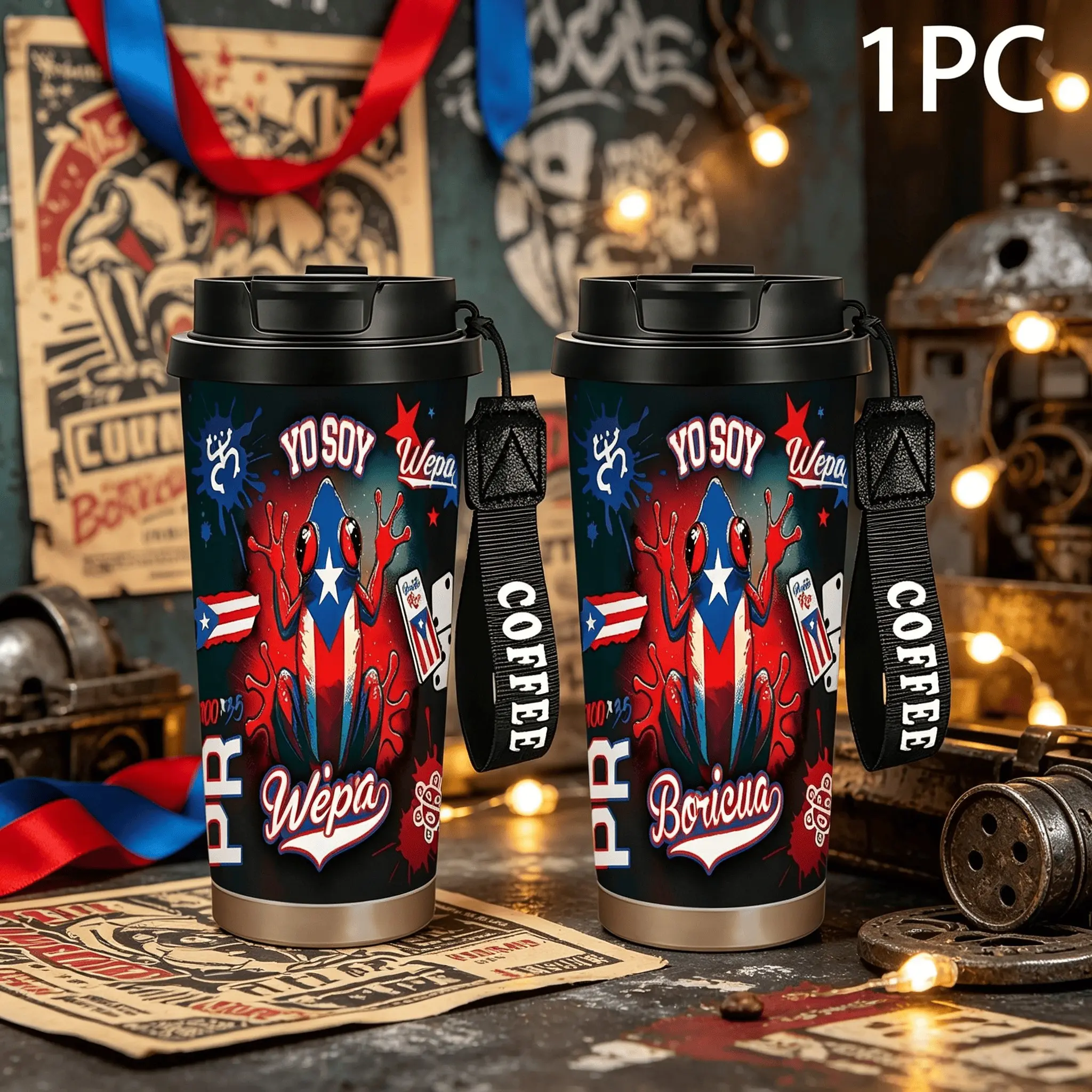 1pc 18/20oz Portable Stainless Steel Travel Coffee Mug ,Exercise water bottle,Graffiti Yo Soy Boricua Coqui Frog Puerto Rico Flag Domino Print Vacuum Insulated Leakproof Tumbler,  Boricua Men Women Coffee Lovers,Multiple specifications are available