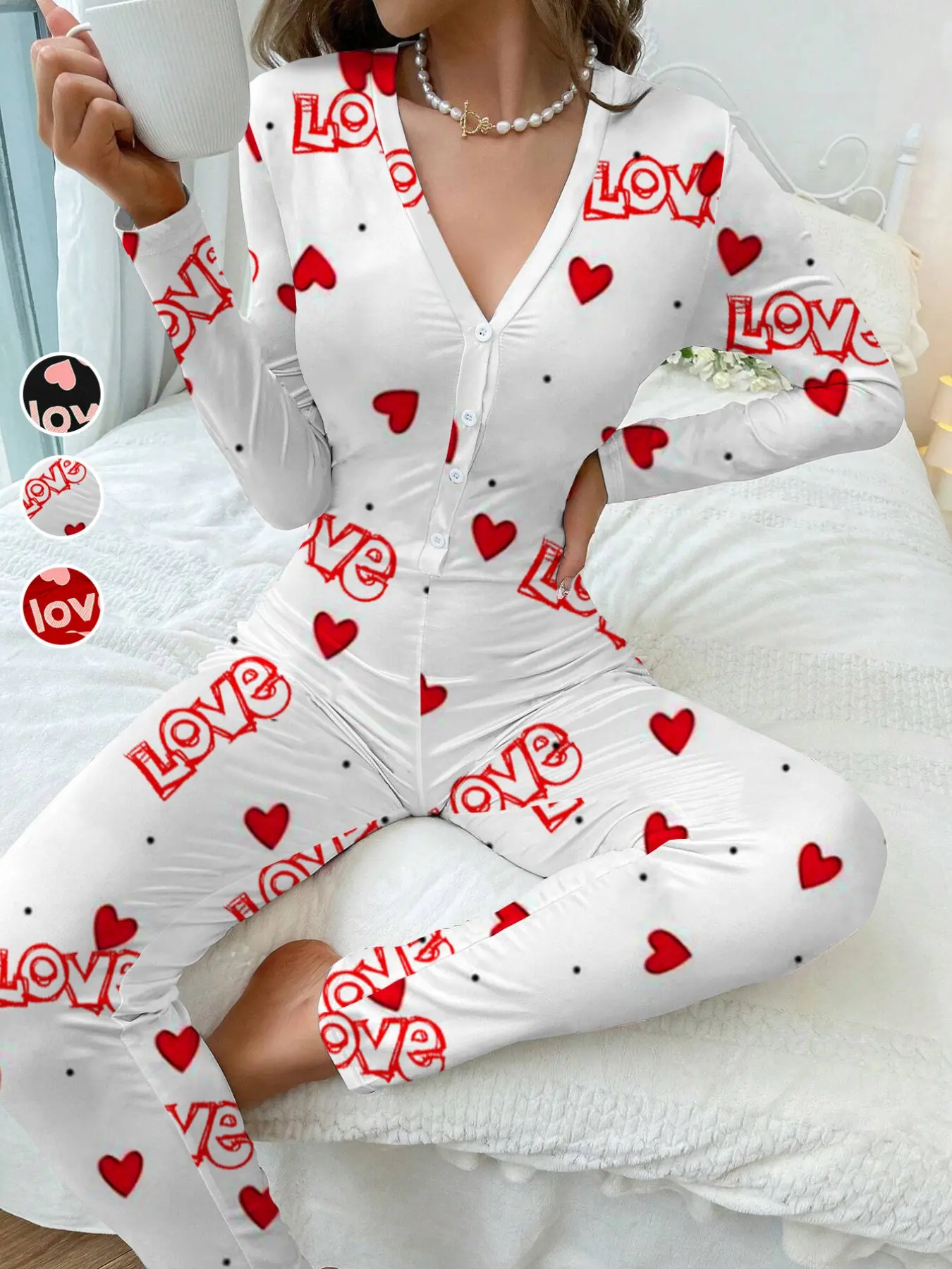 Valentine's Day Heart Letter Print Jumpsuit, Elastic Slim Fit V-Neck Long Sleeve, Casual All-Season Home Wear, Youth Style Outerwear