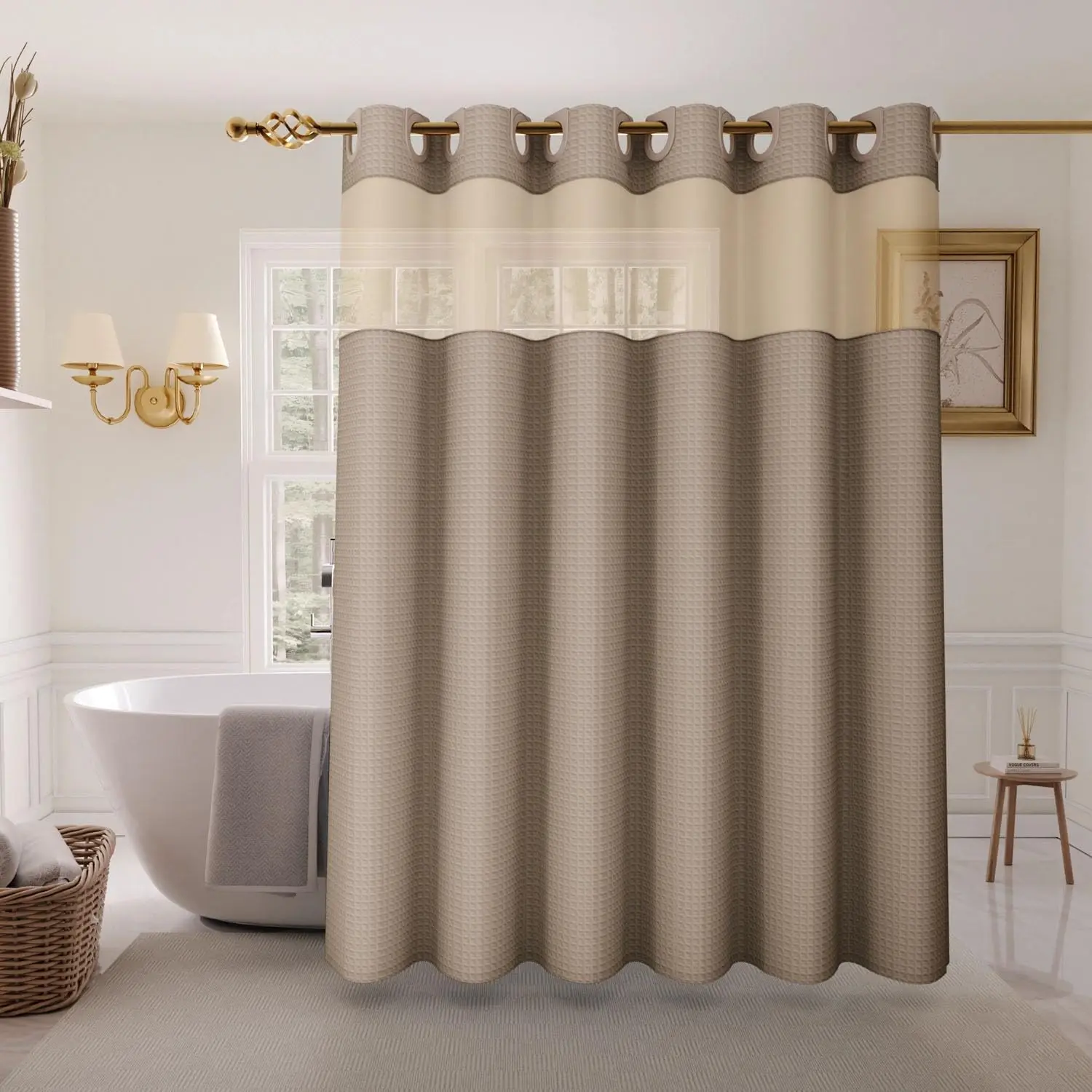 Inhousolu No-Hook Shower Curtain with Snap-in Liner, 230 GSM Waffle Weave Fabric, Weighted Hem, Water-Repellent Washable Design, Mesh Top Window for Light Transmission, Easy Installation, 72x78 in Beige