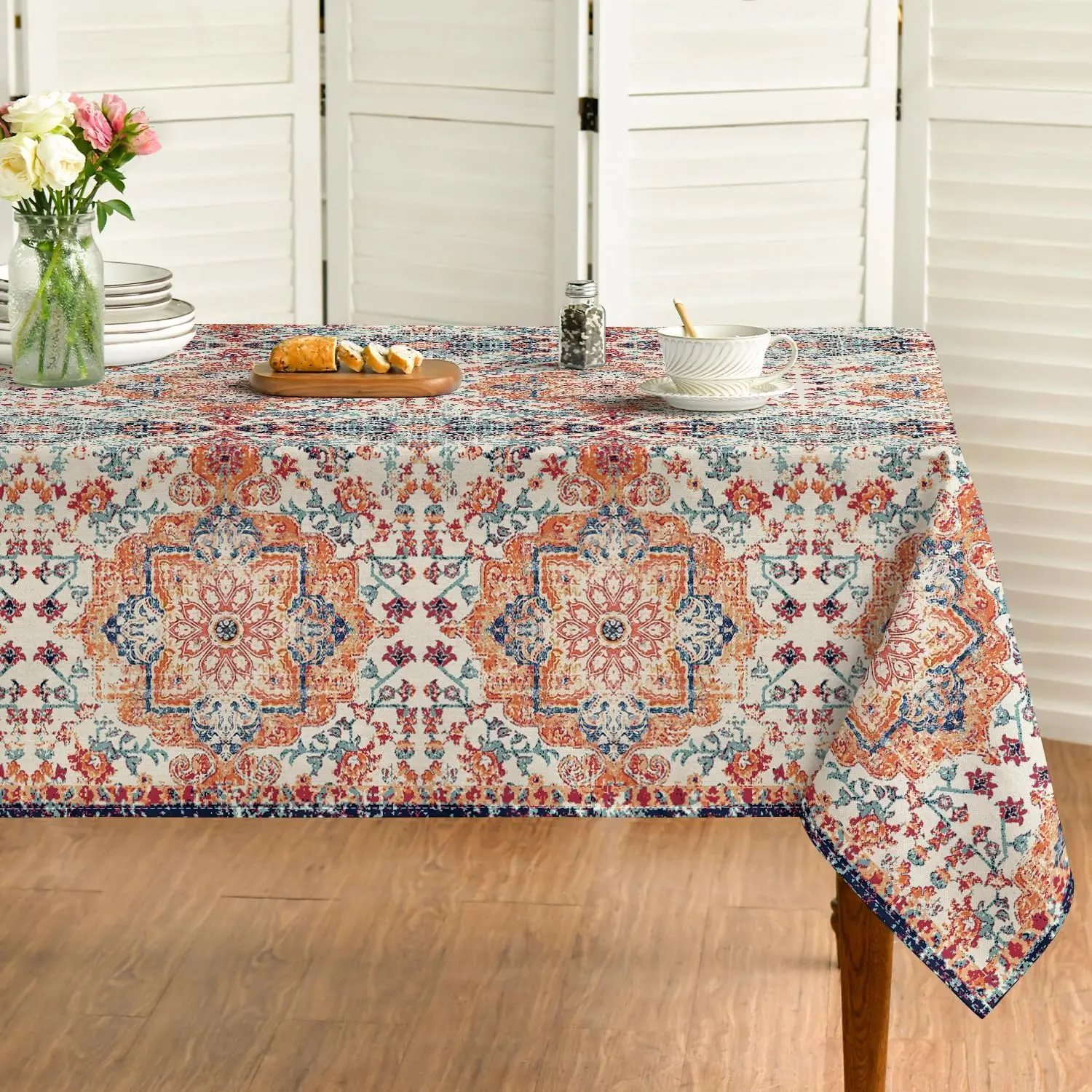 Boho Bohemia Style Tablecloth 60x60 Inch Square, Vintage Rustic Farmhouse Magical Orange Washable Seasonal Table Cover for Dinner Decor